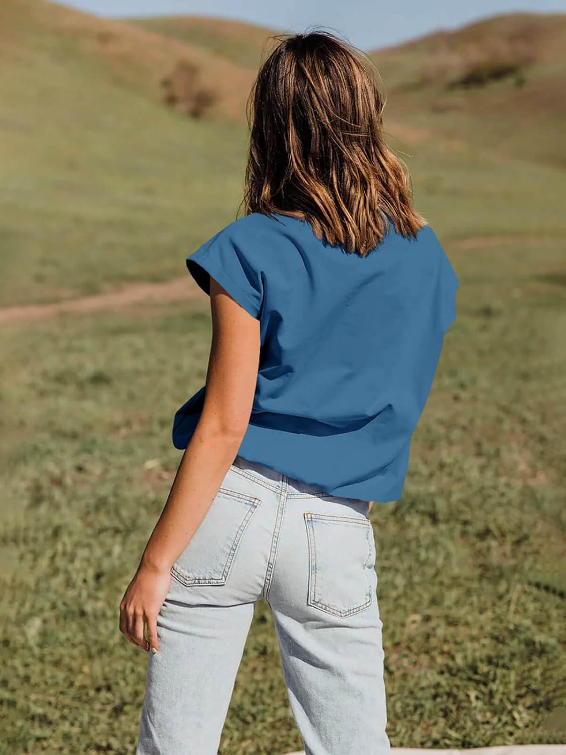 imageTankaneo Women Short Cap Sleeve Tops Summer Casual Banded Sweatshirt Crew Neck Loose Fit TShirtsLake Blue