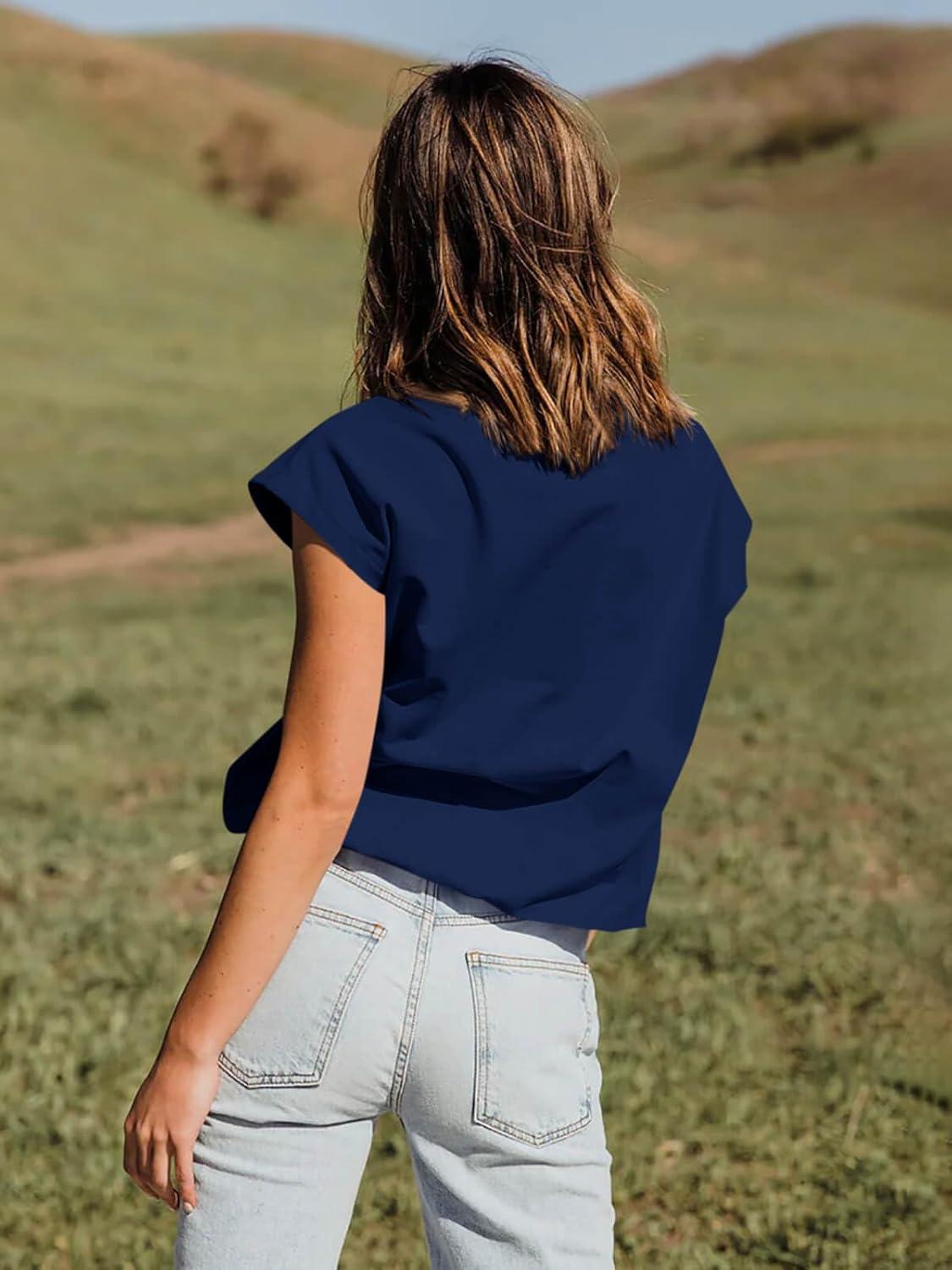 imageTankaneo Women Short Cap Sleeve Tops Summer Casual Banded Sweatshirt Crew Neck Loose Fit TShirtsNavy