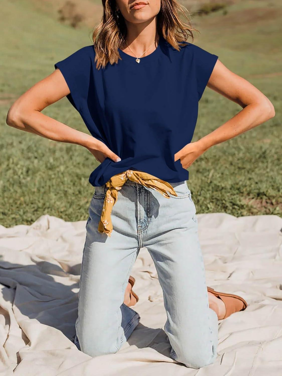 imageTankaneo Women Short Cap Sleeve Tops Summer Casual Banded Sweatshirt Crew Neck Loose Fit TShirtsNavy