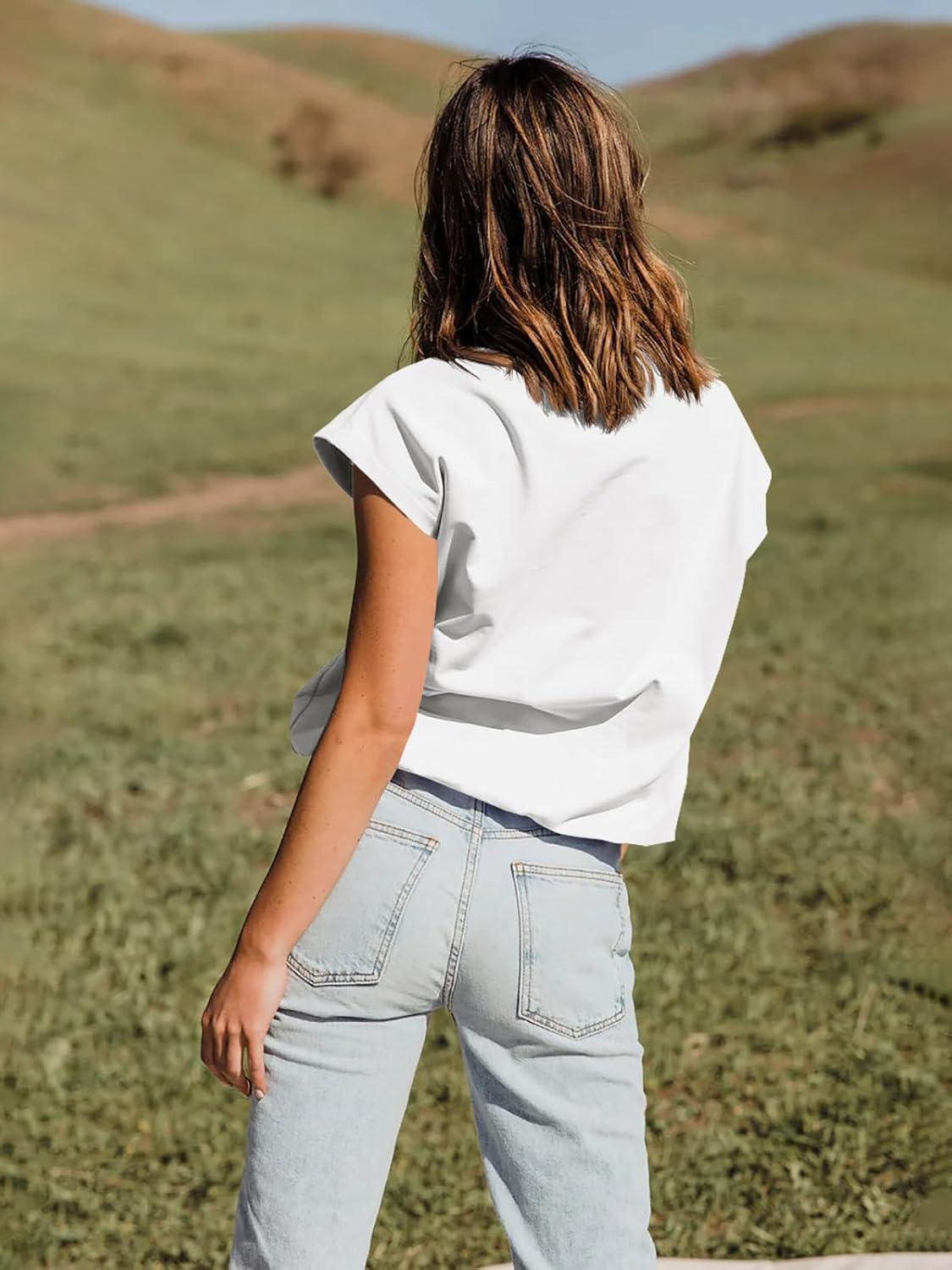 imageTankaneo Women Short Cap Sleeve Tops Summer Casual Banded Sweatshirt Crew Neck Loose Fit TShirtsWhite