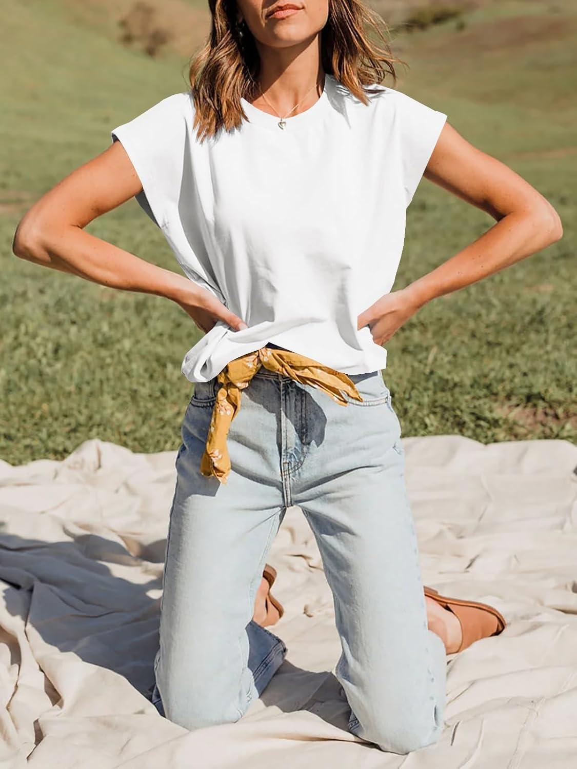 imageTankaneo Women Short Cap Sleeve Tops Summer Casual Banded Sweatshirt Crew Neck Loose Fit TShirtsWhite