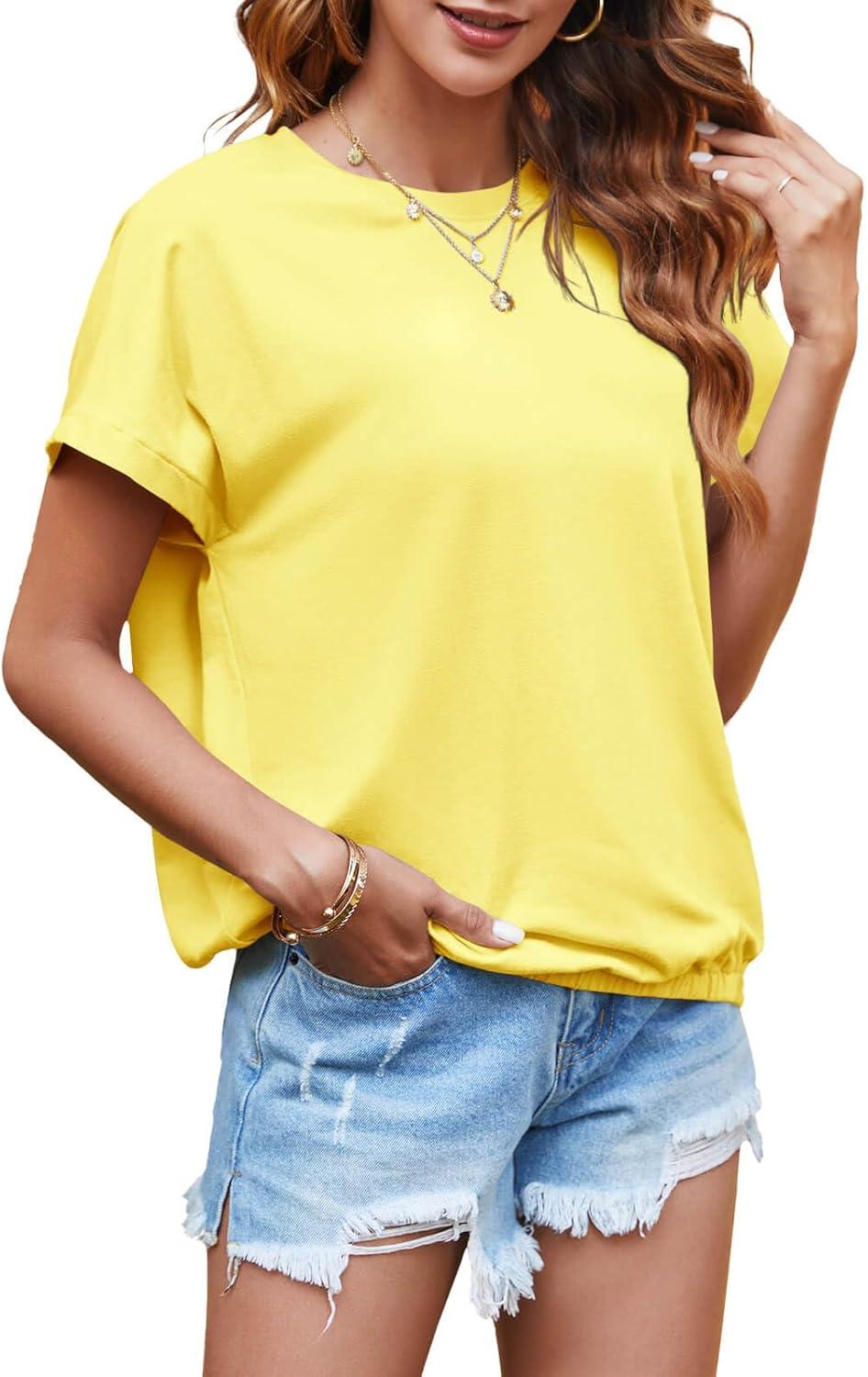 imageTankaneo Women Short Cap Sleeve Tops Summer Casual Banded Sweatshirt Crew Neck Loose Fit TShirtsYellow