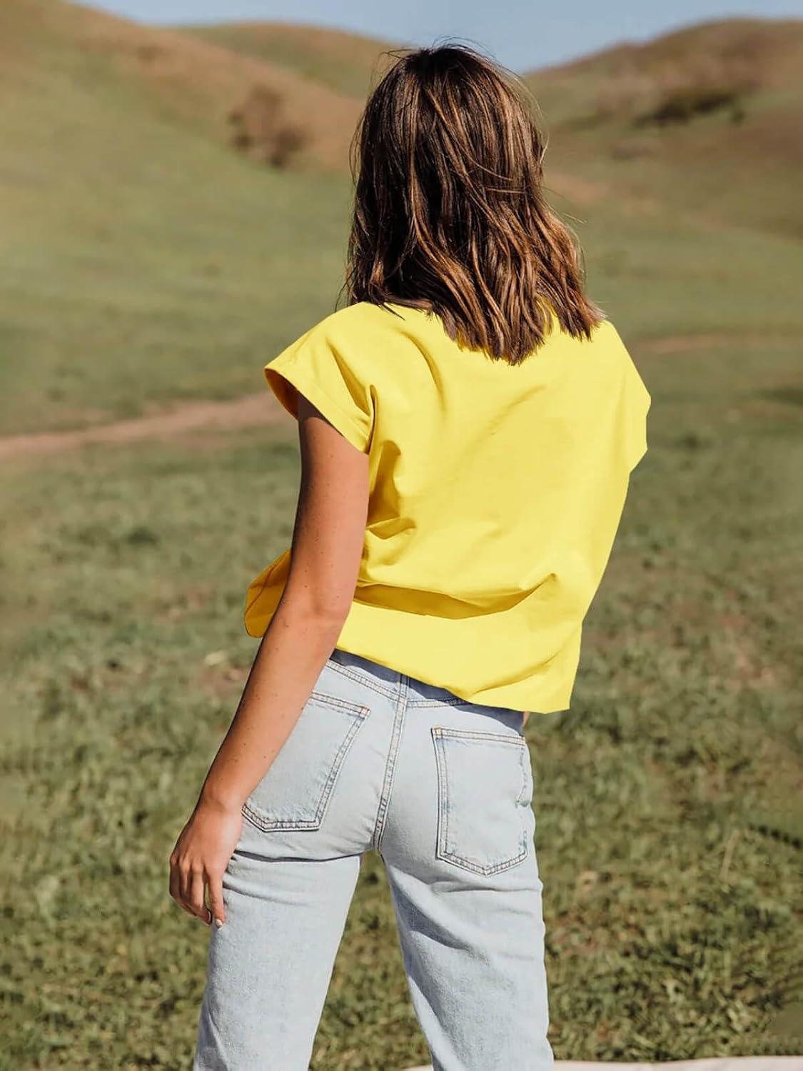 imageTankaneo Women Short Cap Sleeve Tops Summer Casual Banded Sweatshirt Crew Neck Loose Fit TShirtsYellow