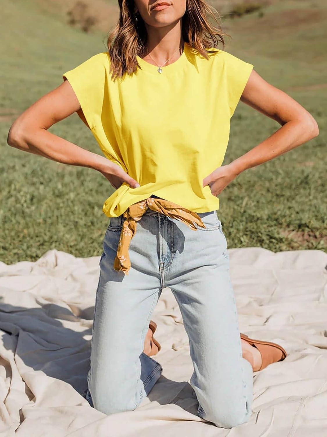 imageTankaneo Women Short Cap Sleeve Tops Summer Casual Banded Sweatshirt Crew Neck Loose Fit TShirtsYellow