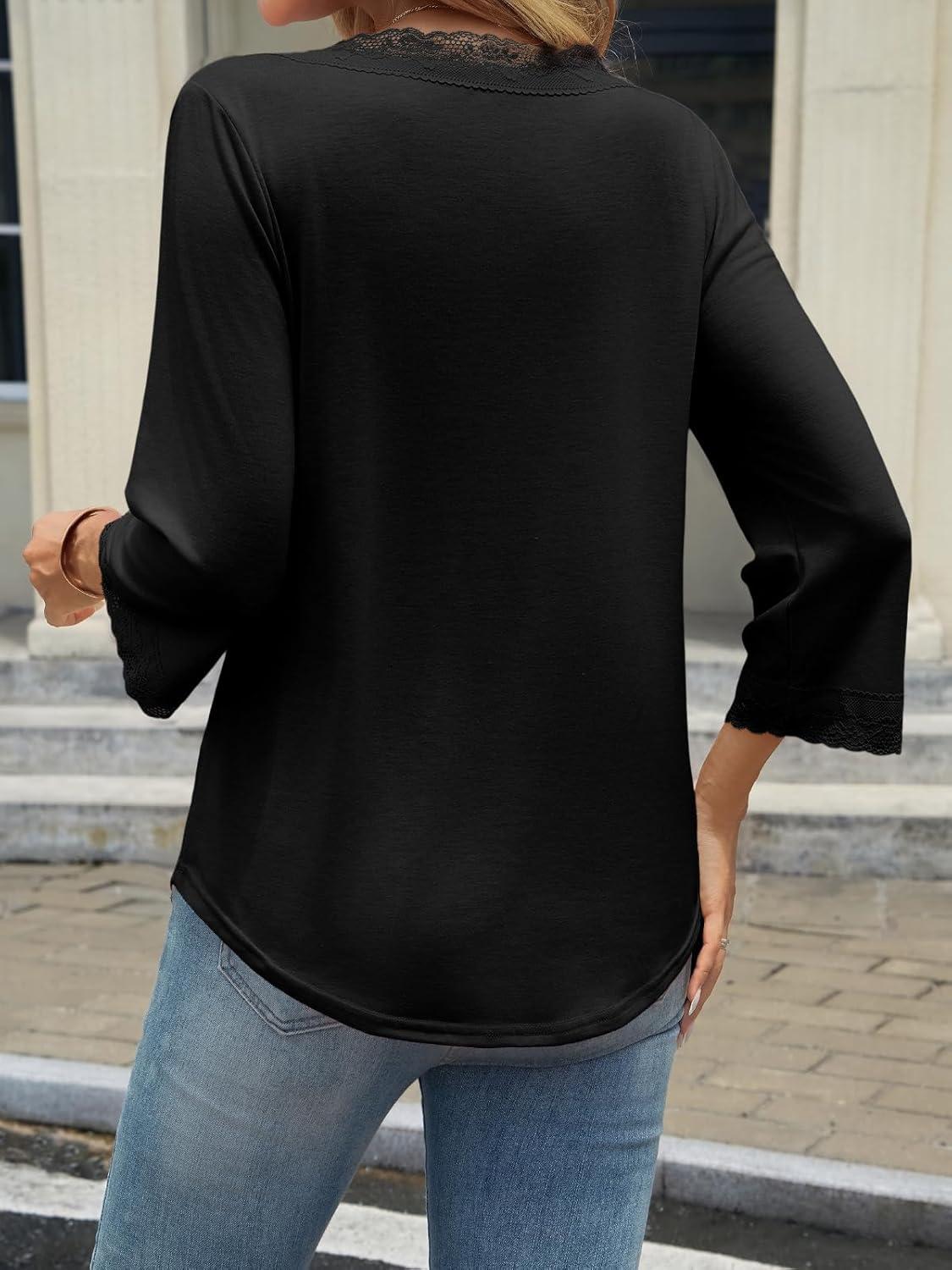 imageTankaneo Womens 34 Length Sleeve Tops Lace V Neck TShirts Dressy Casual Loose Fit Tunic ShirtsBlack