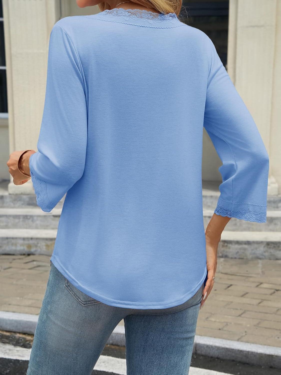 imageTankaneo Womens 34 Length Sleeve Tops Lace V Neck TShirts Dressy Casual Loose Fit Tunic ShirtsBlue