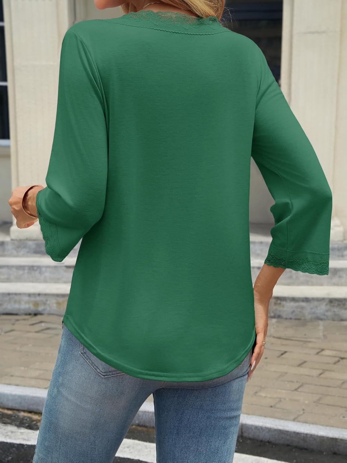 imageTankaneo Womens 34 Length Sleeve Tops Lace V Neck TShirts Dressy Casual Loose Fit Tunic ShirtsGreen