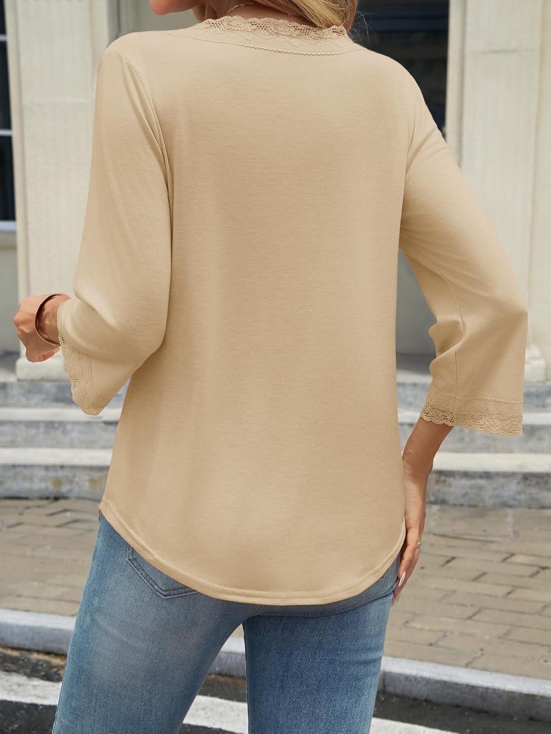 imageTankaneo Womens 34 Length Sleeve Tops Lace V Neck TShirts Dressy Casual Loose Fit Tunic ShirtsKhaki