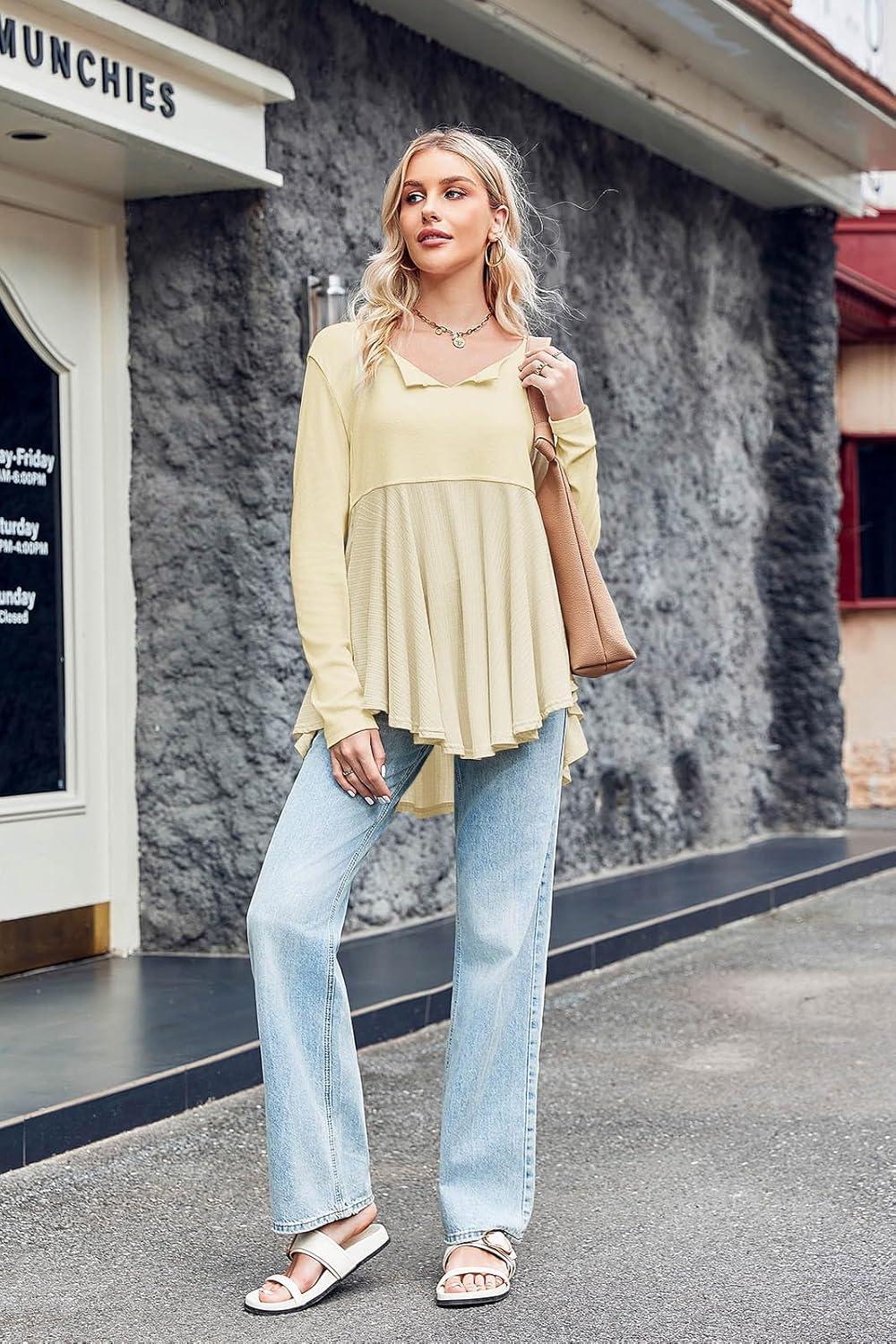 imageTankaneo Womens Babydoll Tops V Neck Long Sleeve Shirts Peplum Tunic Top Flowy Work Casual Blouses Loose Fit 2024Apricot