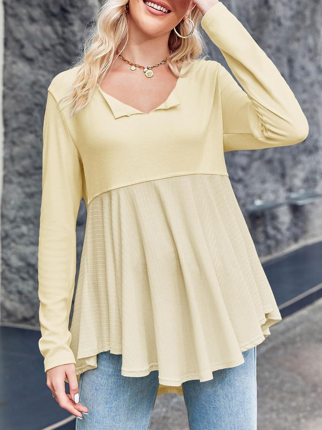 imageTankaneo Womens Babydoll Tops V Neck Long Sleeve Shirts Peplum Tunic Top Flowy Work Casual Blouses Loose Fit 2024Apricot