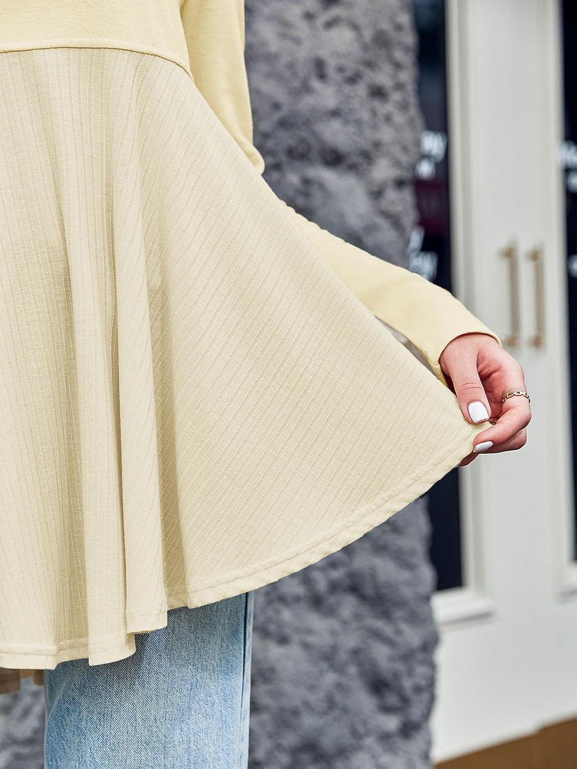 imageTankaneo Womens Babydoll Tops V Neck Long Sleeve Shirts Peplum Tunic Top Flowy Work Casual Blouses Loose Fit 2024Apricot