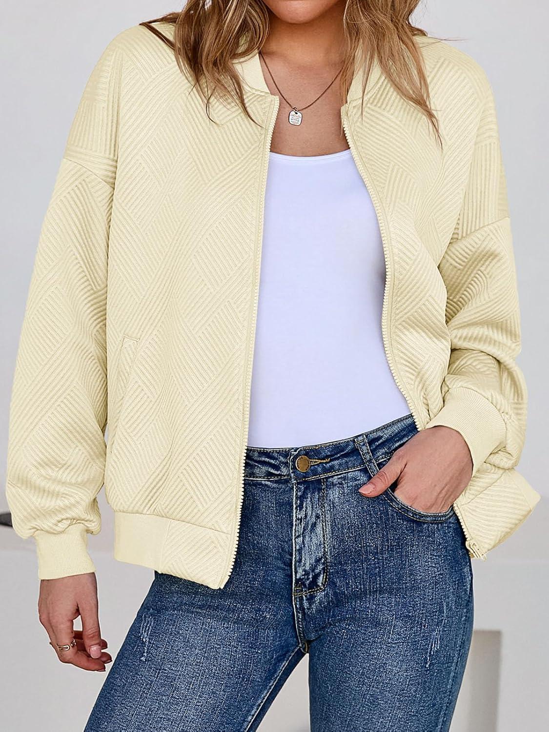 imageTankaneo Womens Bomber Jacket Zip Up Casual Jackets Lightweight Trendy Outerwear Coat with PocketsBeige