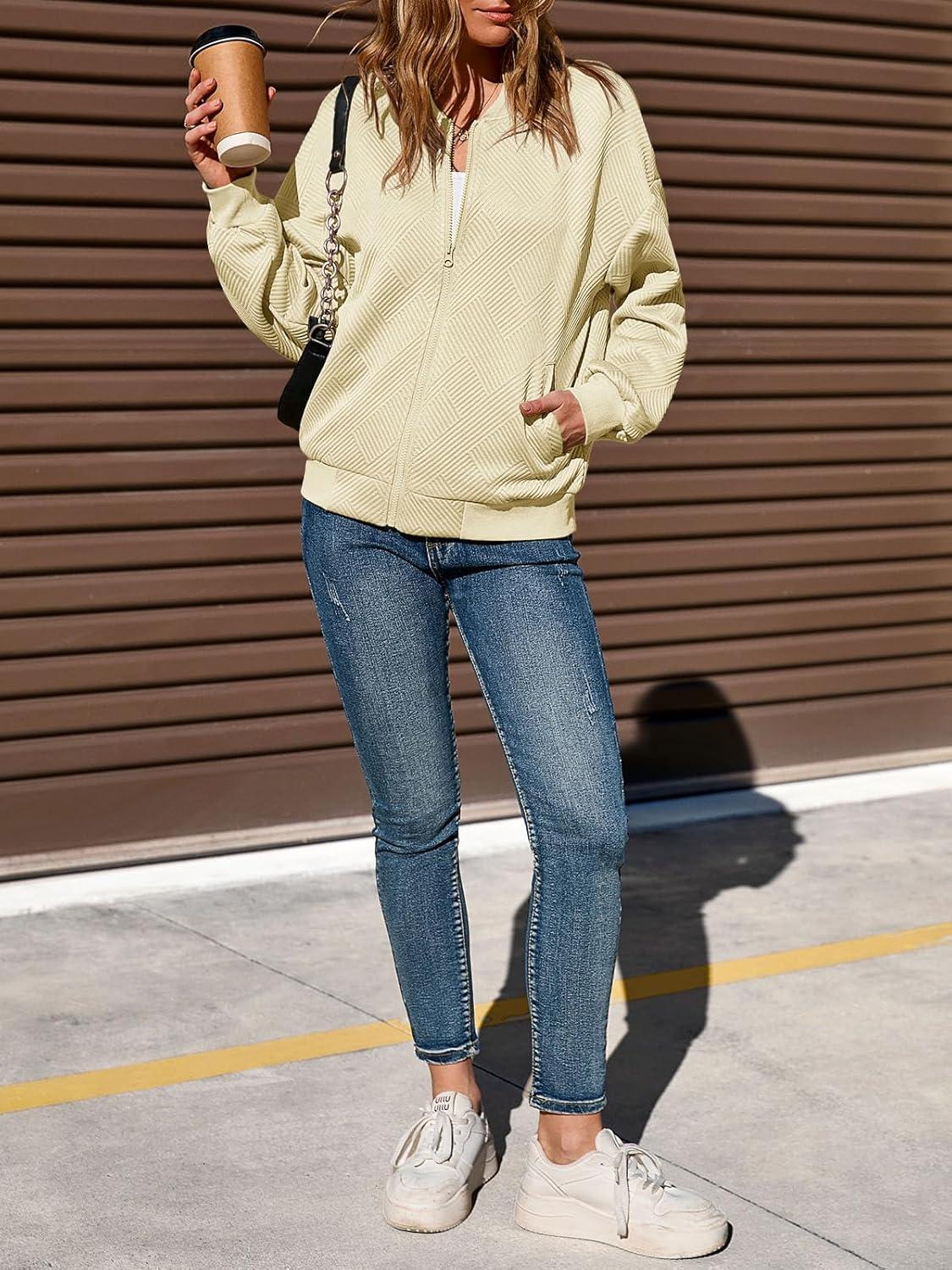 imageTankaneo Womens Bomber Jacket Zip Up Casual Jackets Lightweight Trendy Outerwear Coat with PocketsBeige