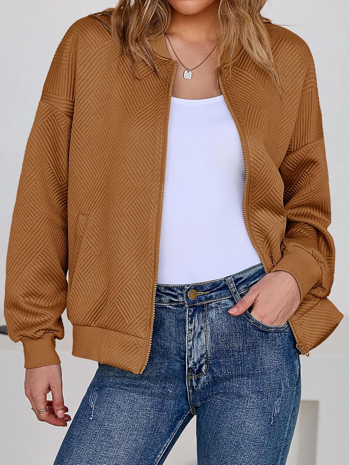 imageTankaneo Womens Bomber Jacket Zip Up Casual Jackets Lightweight Trendy Outerwear Coat with PocketsBrown