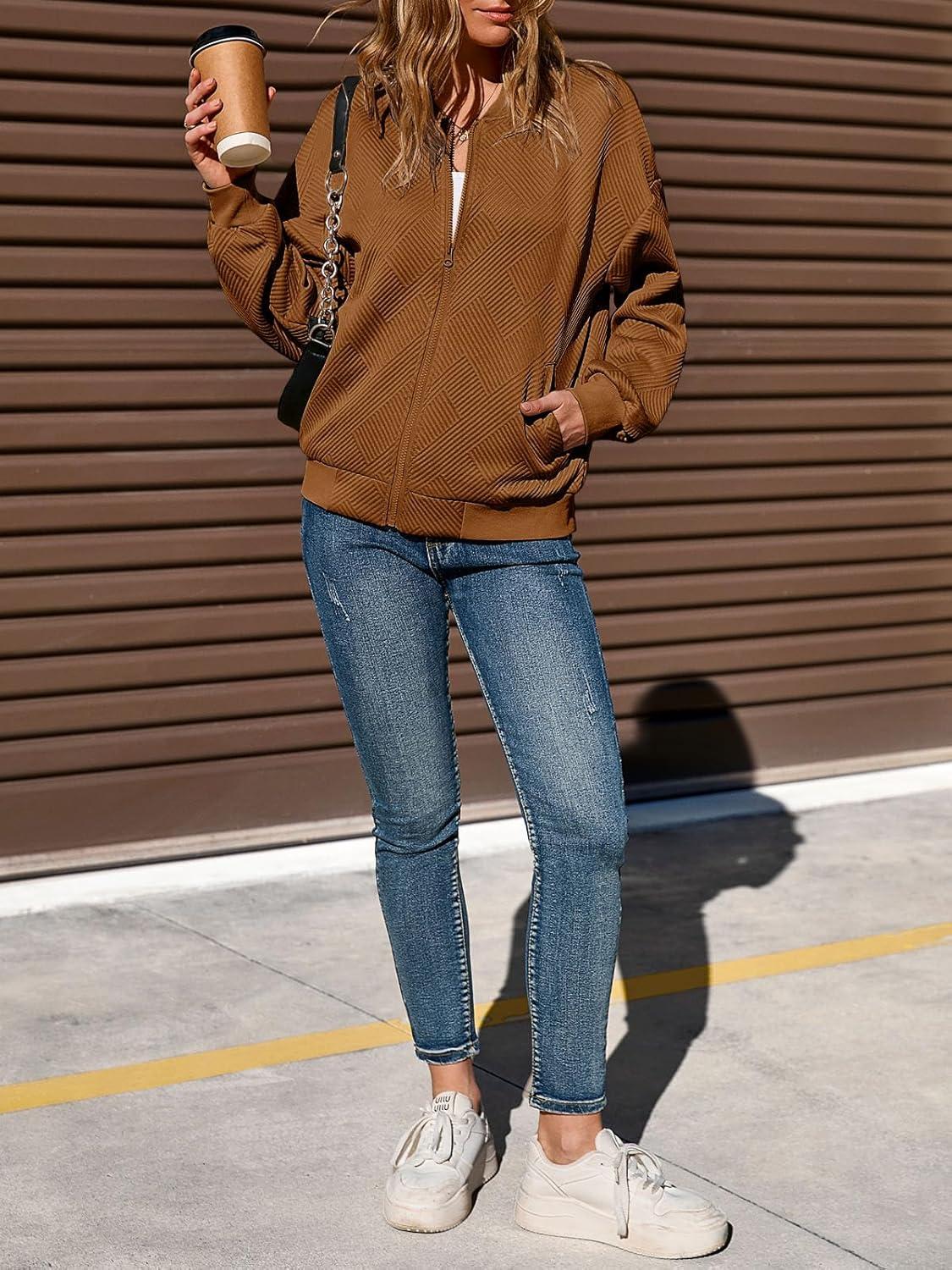 imageTankaneo Womens Bomber Jacket Zip Up Casual Jackets Lightweight Trendy Outerwear Coat with PocketsBrown