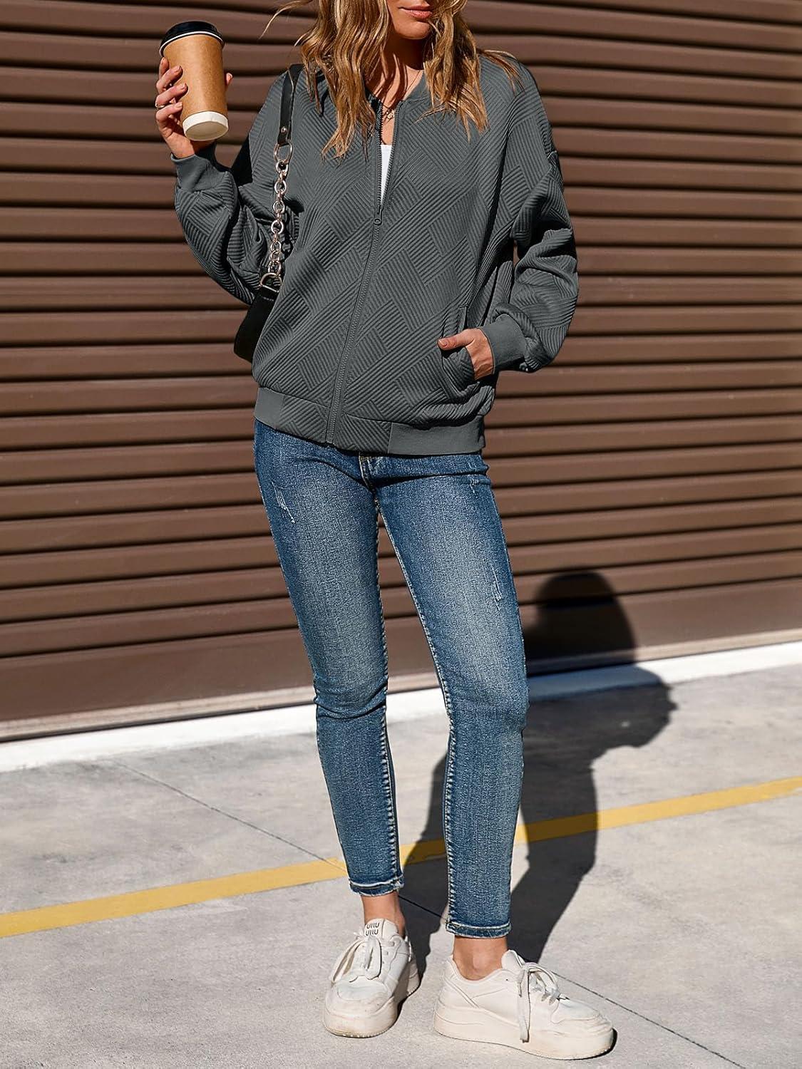 imageTankaneo Womens Bomber Jacket Zip Up Casual Jackets Lightweight Trendy Outerwear Coat with PocketsDark Grey