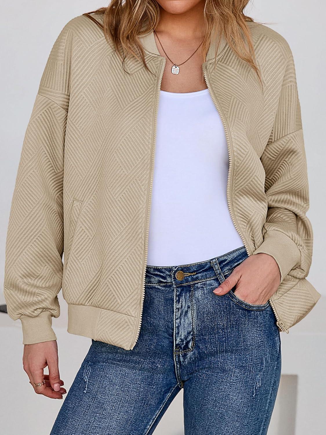 imageTankaneo Womens Bomber Jacket Zip Up Casual Jackets Lightweight Trendy Outerwear Coat with PocketsKhaki