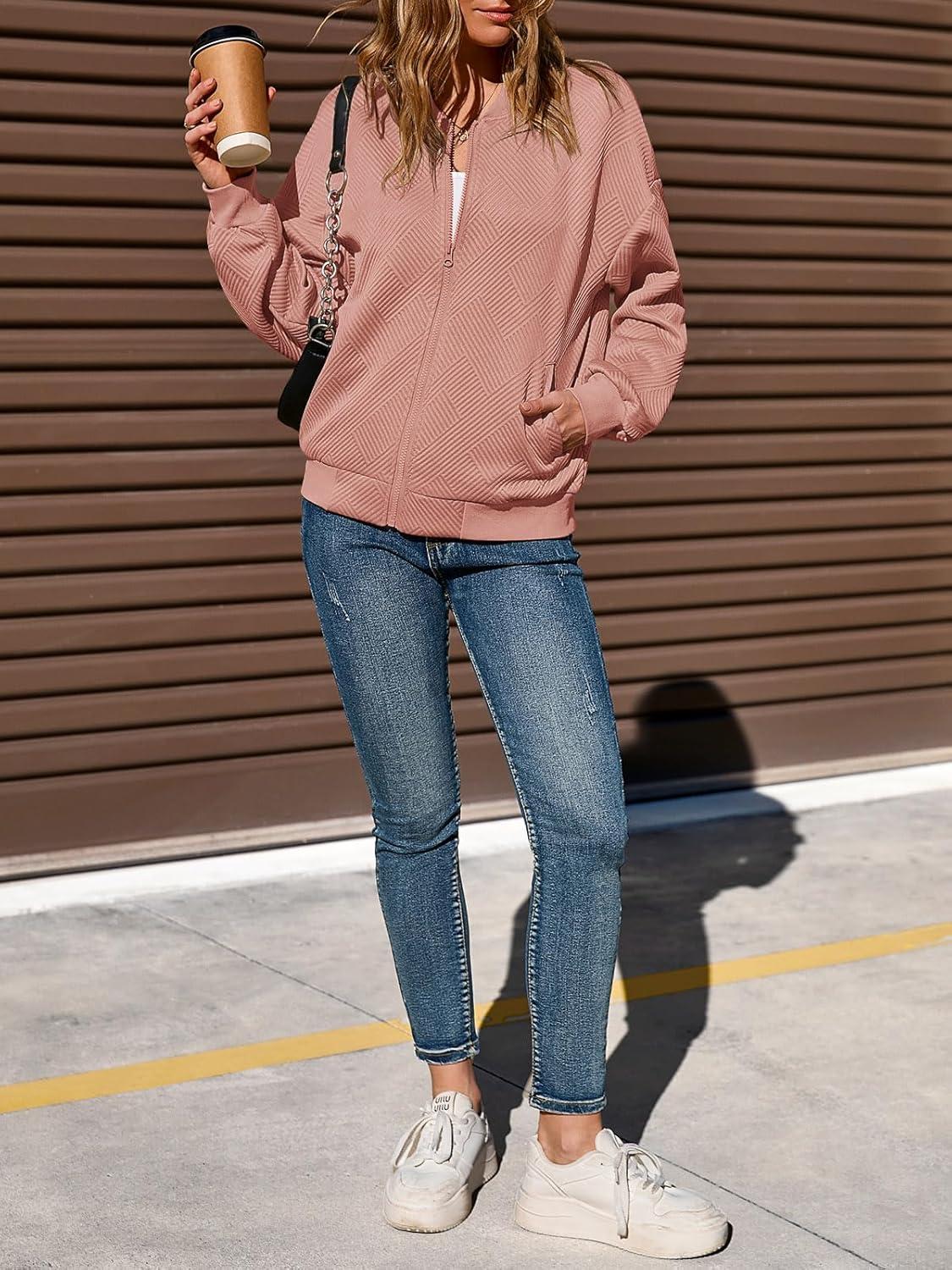 imageTankaneo Womens Bomber Jacket Zip Up Casual Jackets Lightweight Trendy Outerwear Coat with PocketsPink