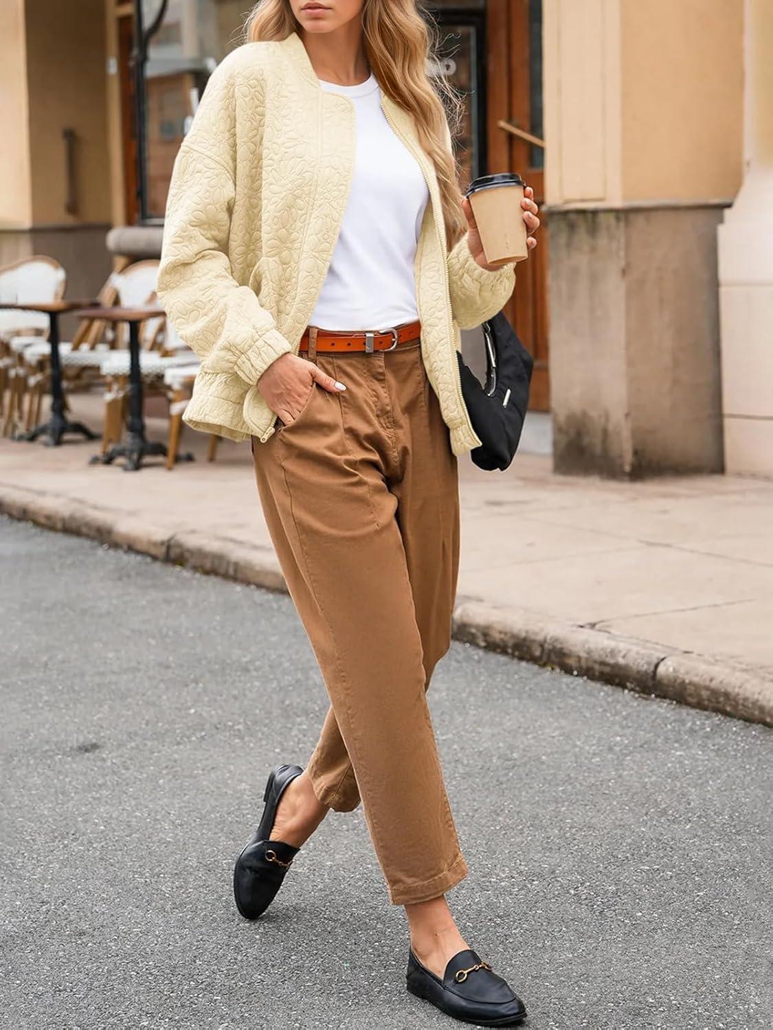 imageTankaneo Womens Bomber Jackets Lightweight Zip Up Fashion Cute Jacquard Coats Fall Varsity jacketApricot