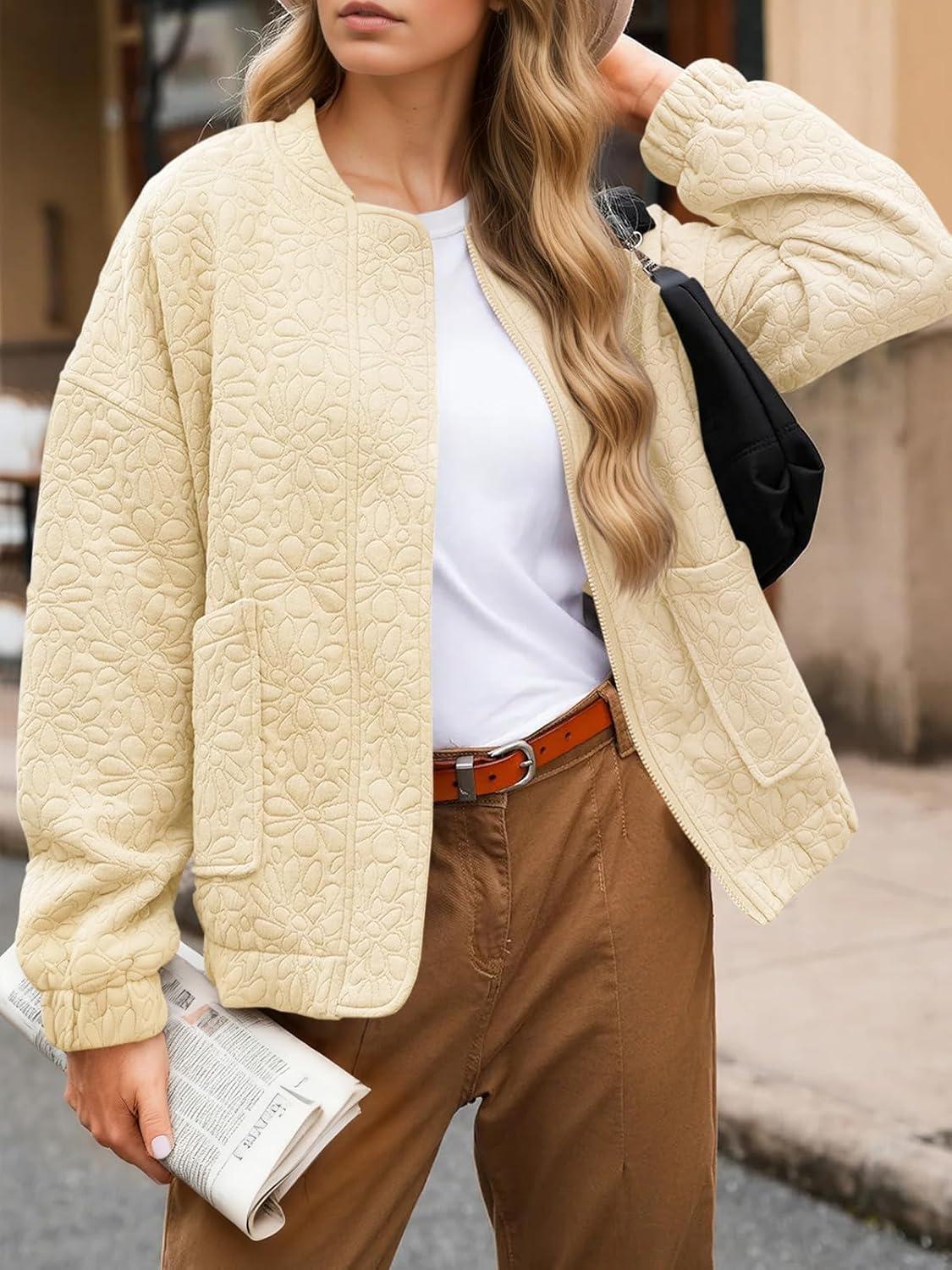 imageTankaneo Womens Bomber Jackets Lightweight Zip Up Fashion Cute Jacquard Coats Fall Varsity jacketApricot