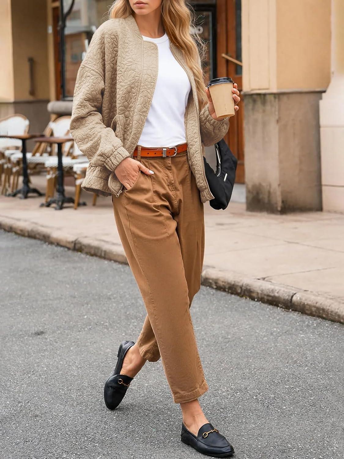 imageTankaneo Womens Bomber Jackets Lightweight Zip Up Fashion Cute Jacquard Coats Fall Varsity jacketBeige