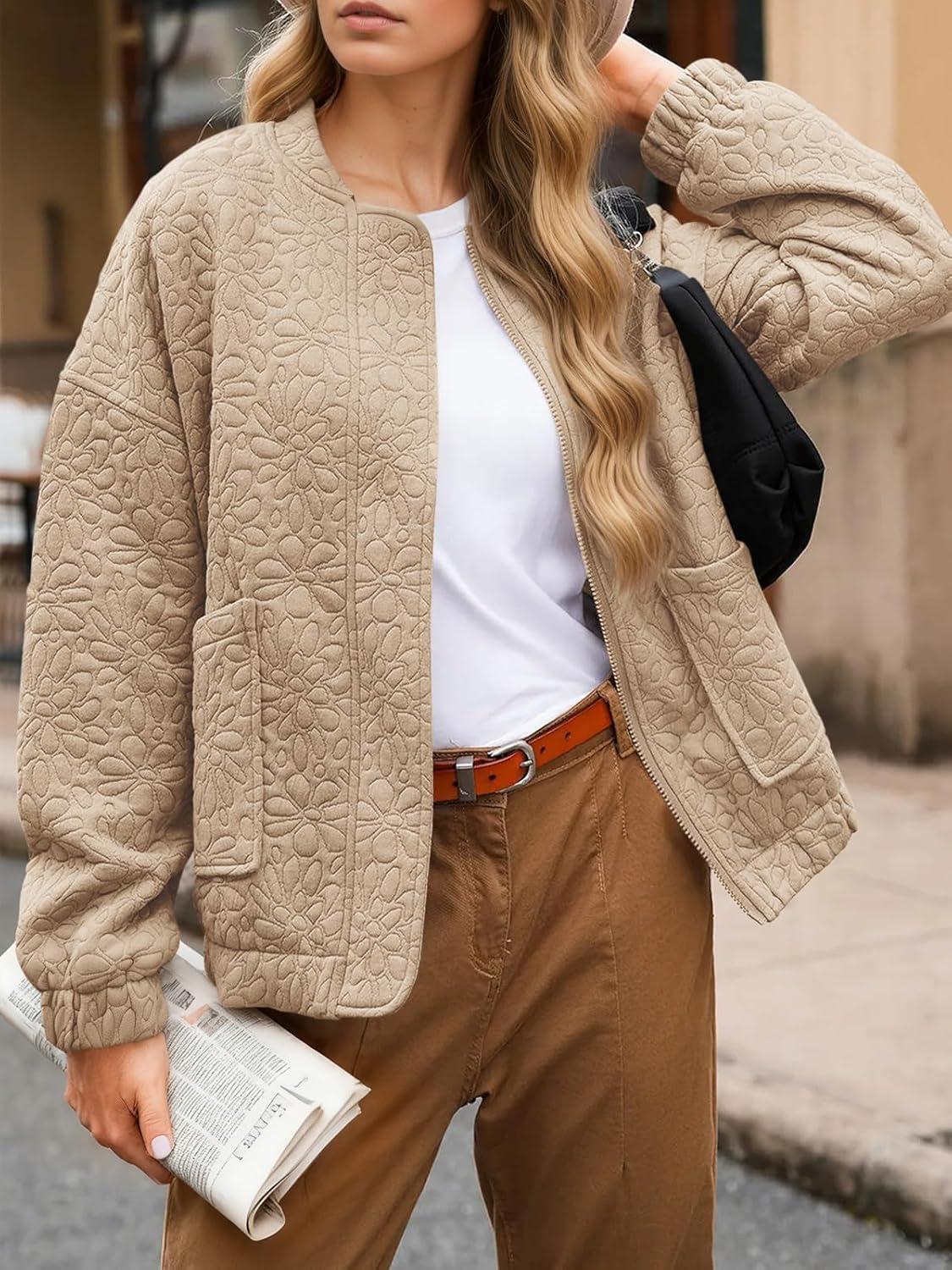 imageTankaneo Womens Bomber Jackets Lightweight Zip Up Fashion Cute Jacquard Coats Fall Varsity jacketBeige