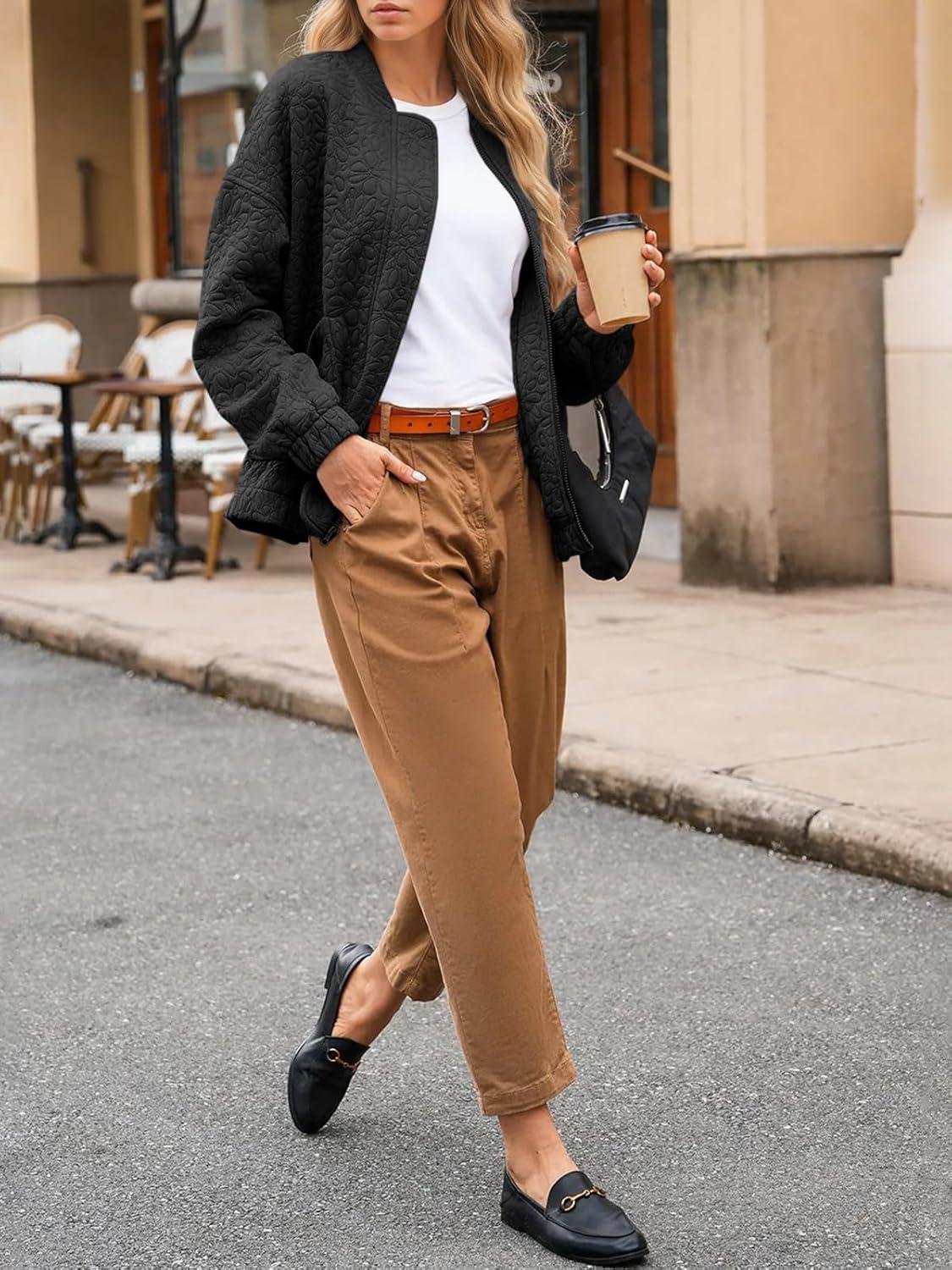 imageTankaneo Womens Bomber Jackets Lightweight Zip Up Fashion Cute Jacquard Coats Fall Varsity jacketBlack