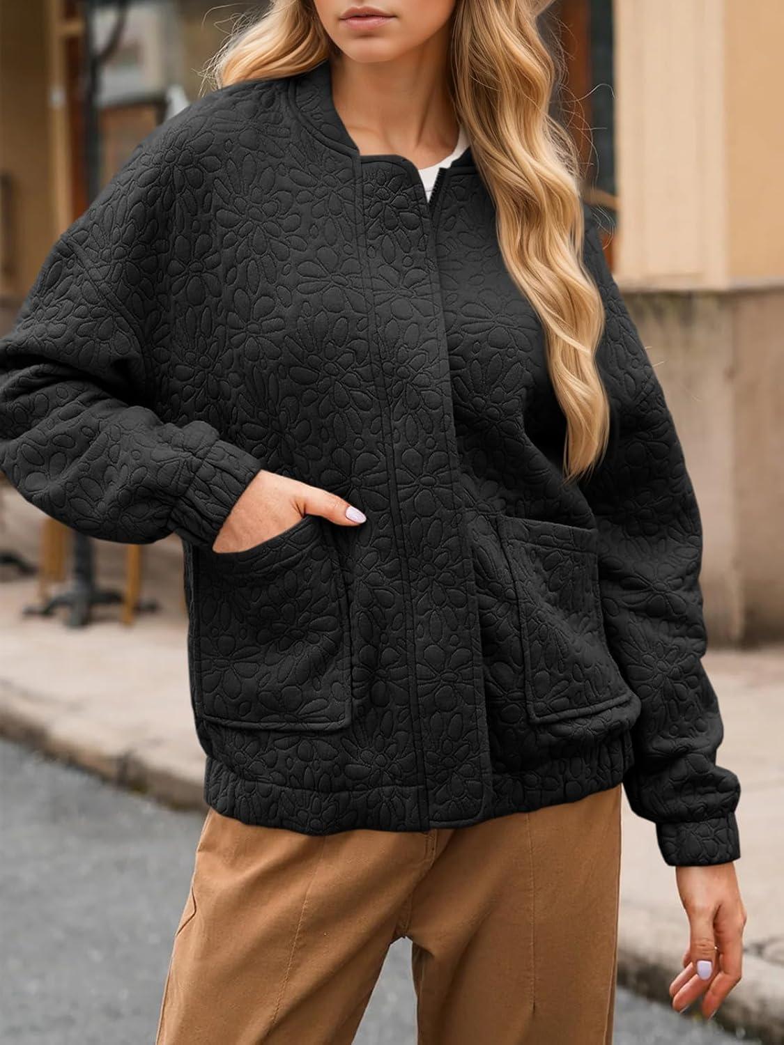 imageTankaneo Womens Bomber Jackets Lightweight Zip Up Fashion Cute Jacquard Coats Fall Varsity jacketBlack