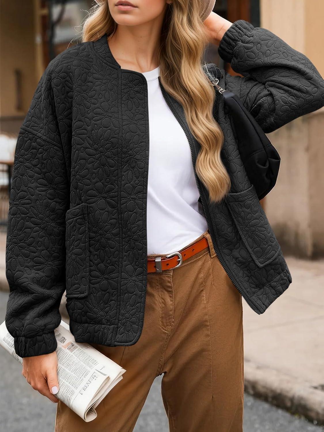 imageTankaneo Womens Bomber Jackets Lightweight Zip Up Fashion Cute Jacquard Coats Fall Varsity jacketBlack