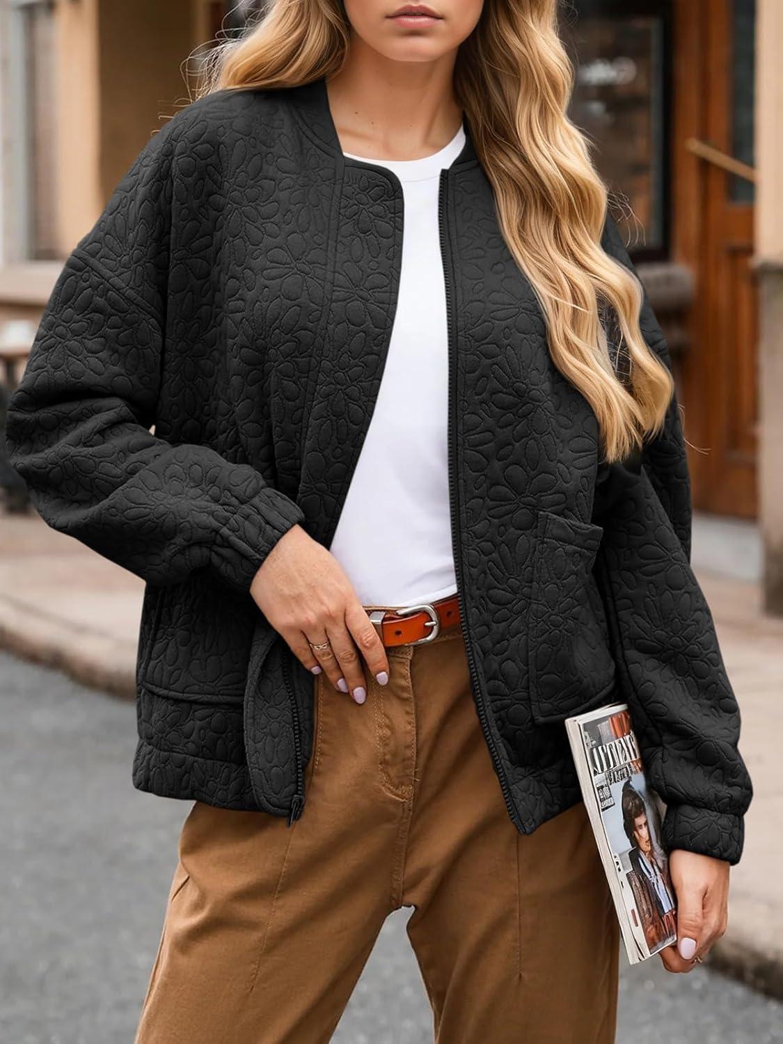 imageTankaneo Womens Bomber Jackets Lightweight Zip Up Fashion Cute Jacquard Coats Fall Varsity jacketBlack