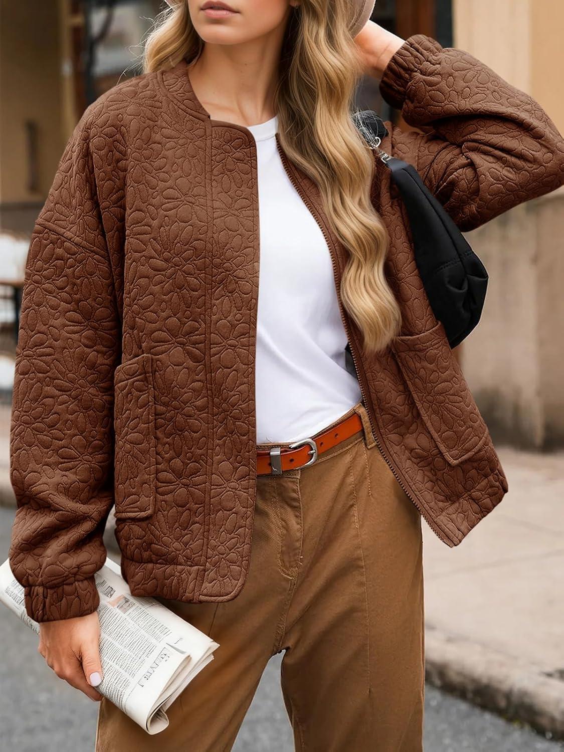 imageTankaneo Womens Bomber Jackets Lightweight Zip Up Fashion Cute Jacquard Coats Fall Varsity jacketBrown