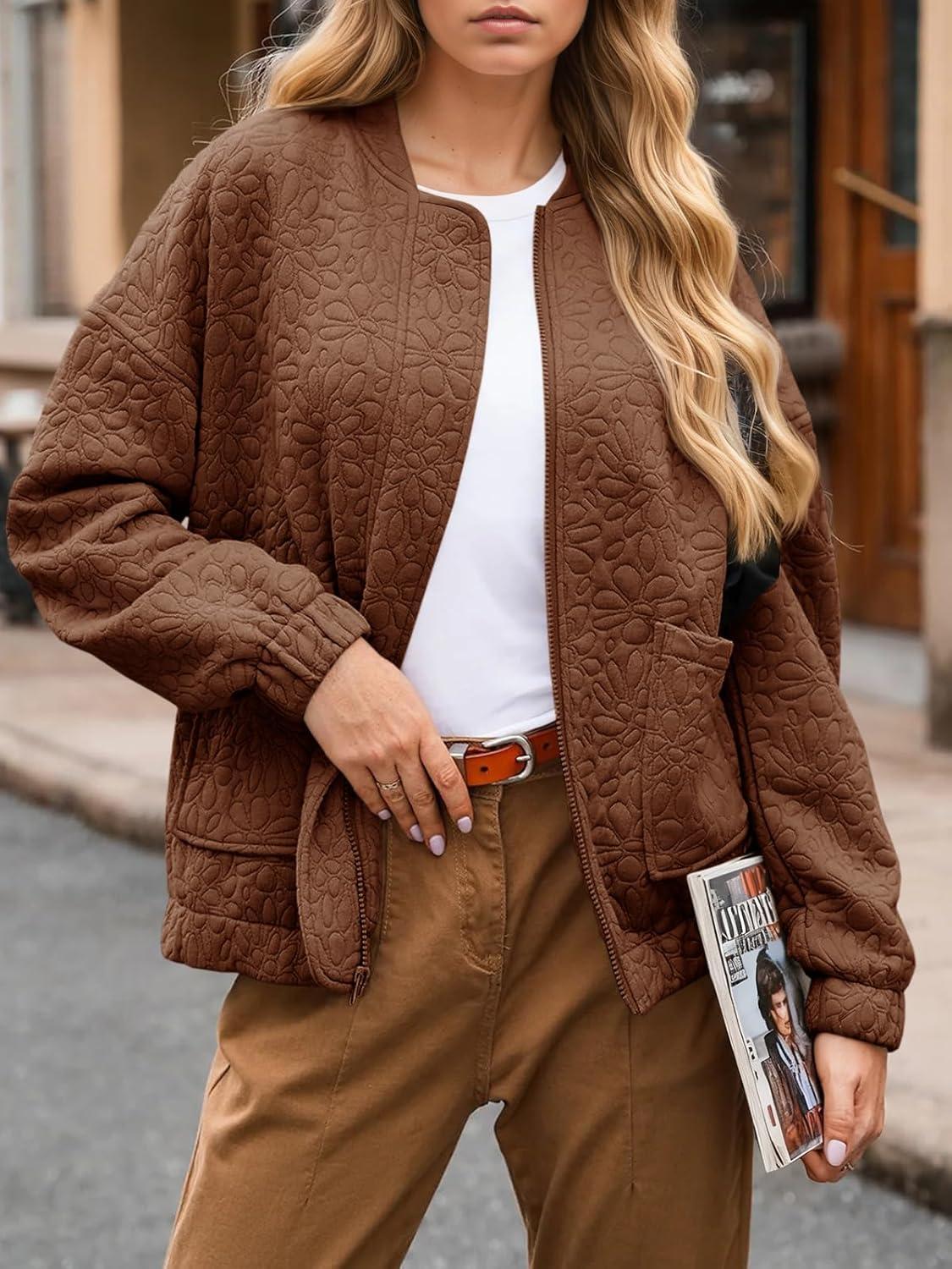 imageTankaneo Womens Bomber Jackets Lightweight Zip Up Fashion Cute Jacquard Coats Fall Varsity jacketBrown