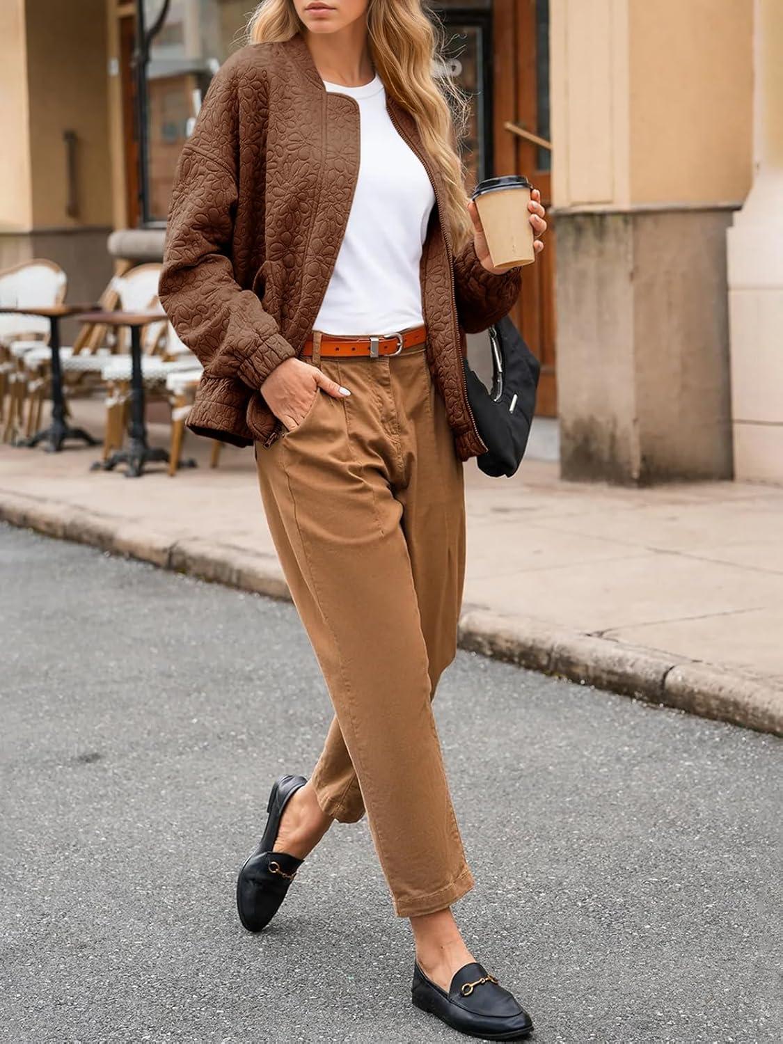 imageTankaneo Womens Bomber Jackets Lightweight Zip Up Fashion Cute Jacquard Coats Fall Varsity jacketBrown