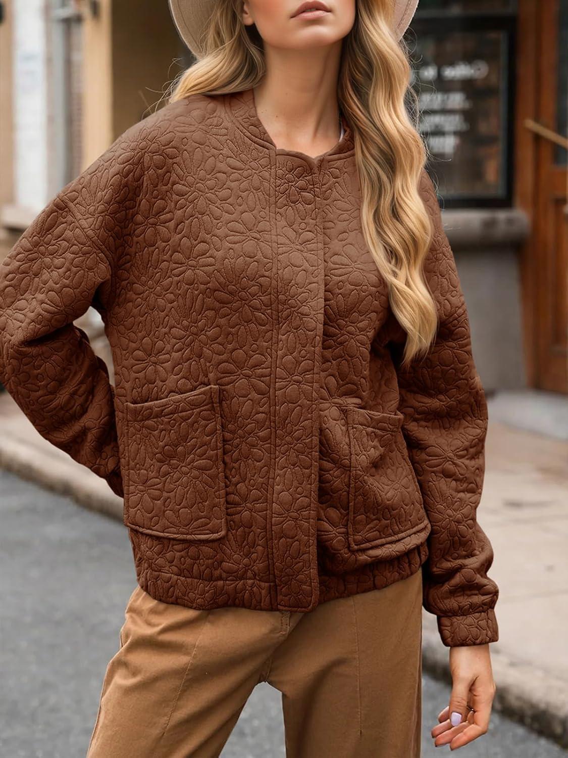 imageTankaneo Womens Bomber Jackets Lightweight Zip Up Fashion Cute Jacquard Coats Fall Varsity jacketBrown