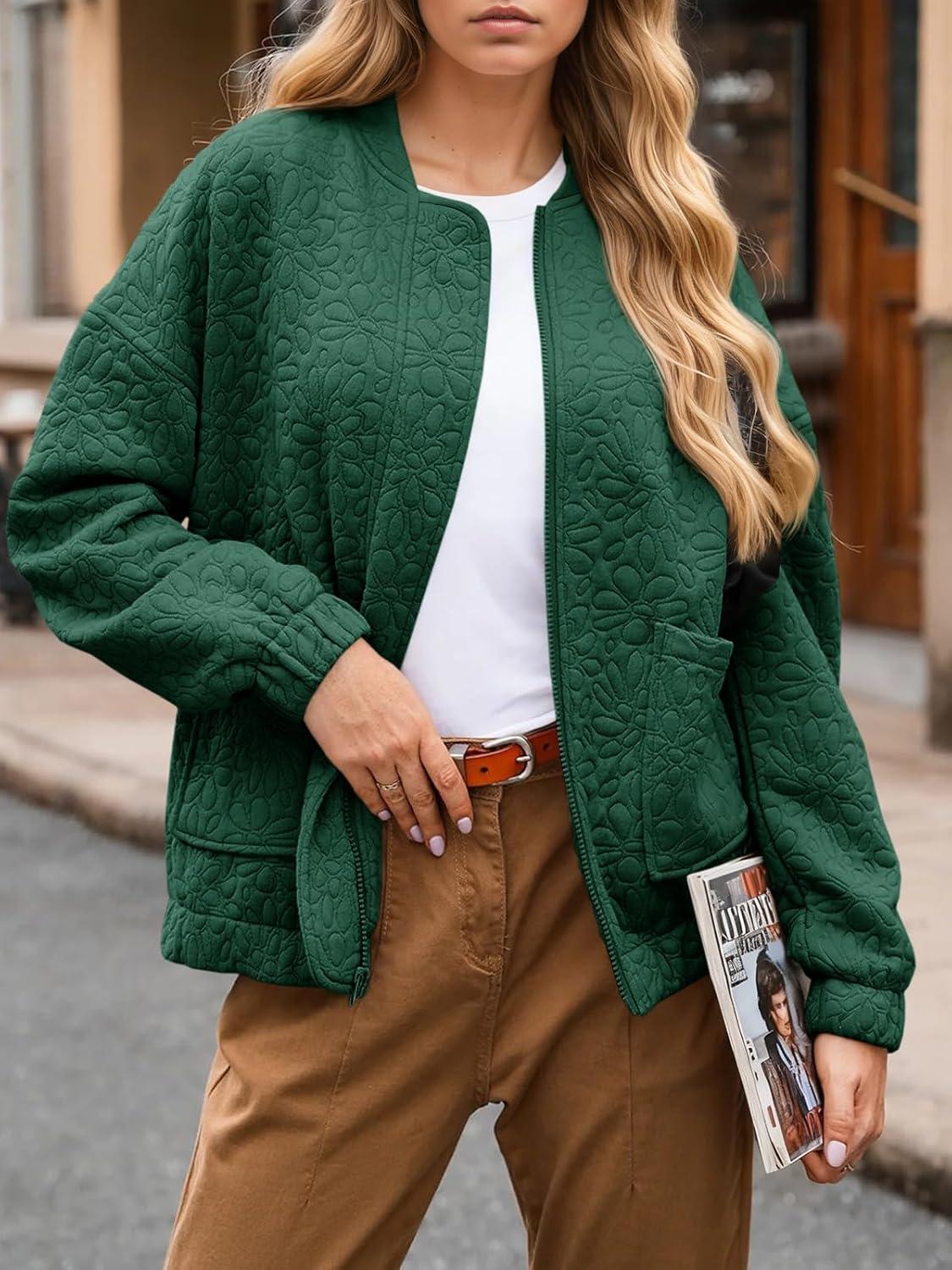 imageTankaneo Womens Bomber Jackets Lightweight Zip Up Fashion Cute Jacquard Coats Fall Varsity jacketDark Green