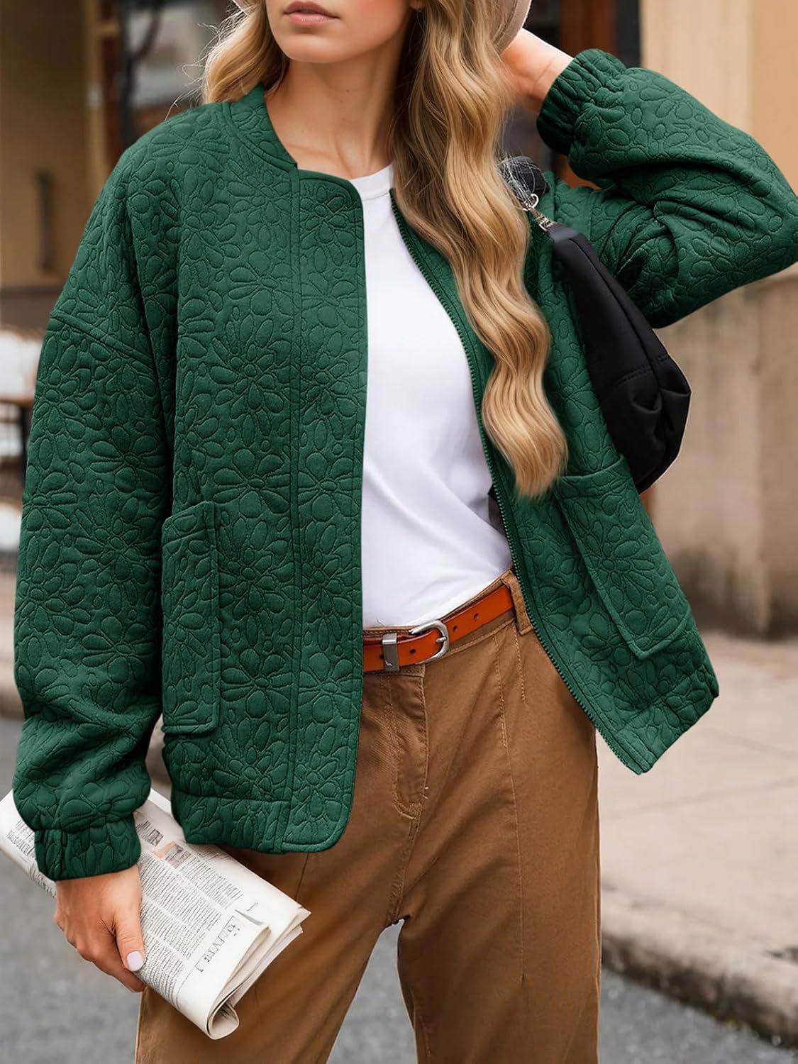 imageTankaneo Womens Bomber Jackets Lightweight Zip Up Fashion Cute Jacquard Coats Fall Varsity jacketDark Green