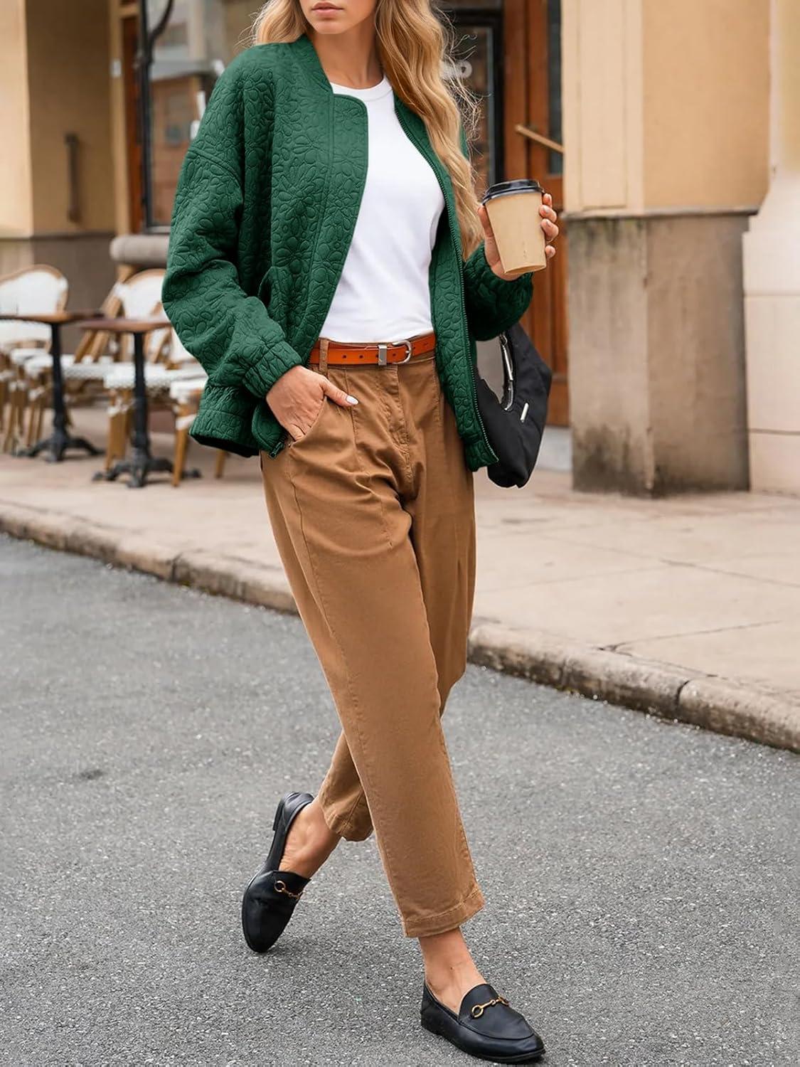 imageTankaneo Womens Bomber Jackets Lightweight Zip Up Fashion Cute Jacquard Coats Fall Varsity jacketDark Green