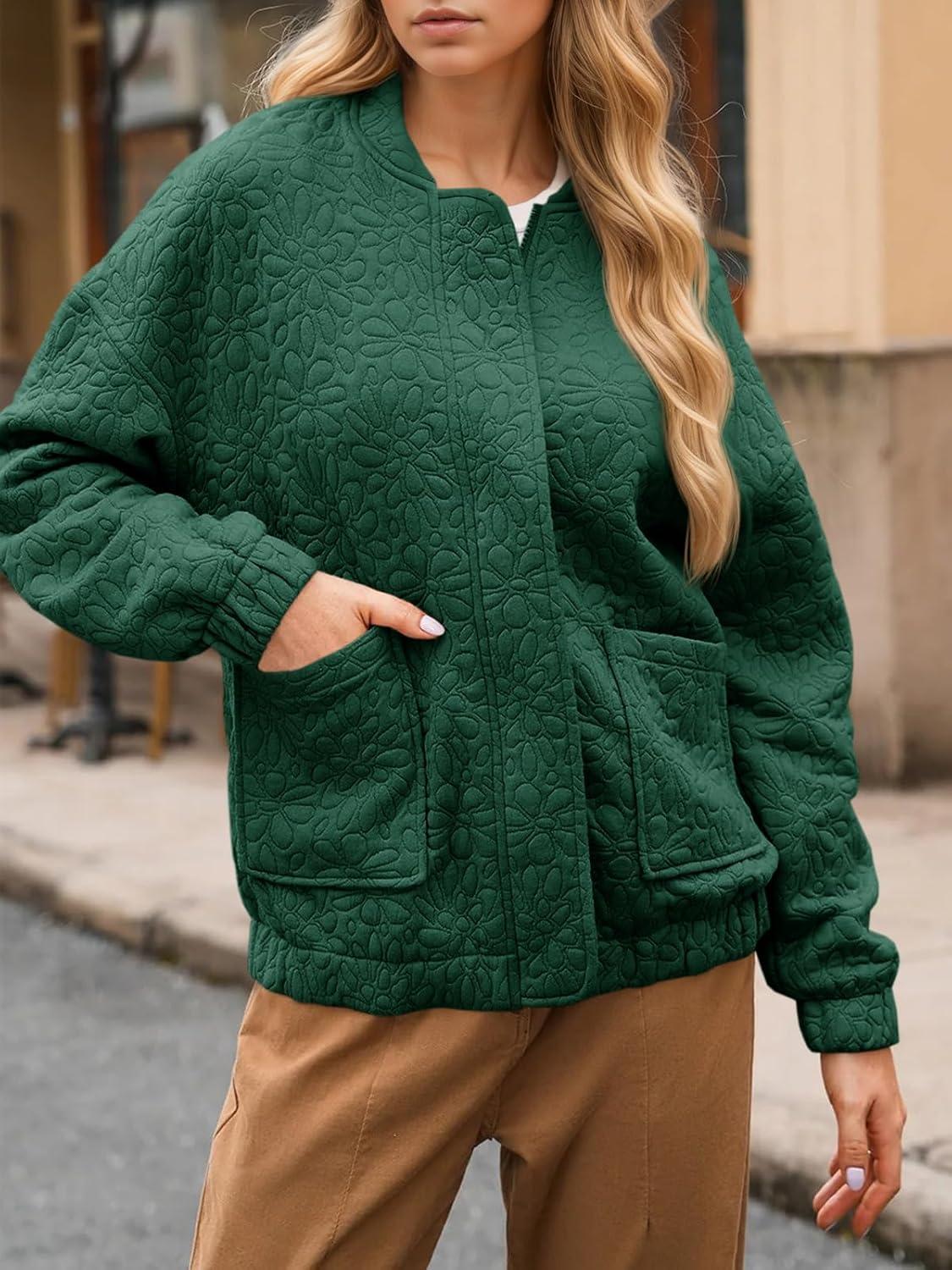 imageTankaneo Womens Bomber Jackets Lightweight Zip Up Fashion Cute Jacquard Coats Fall Varsity jacketDark Green