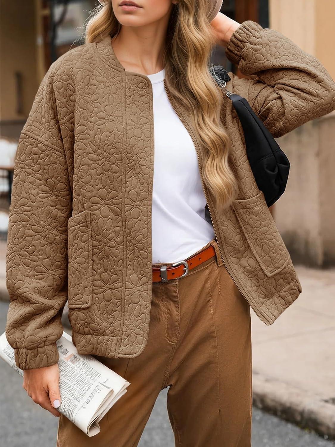 imageTankaneo Womens Bomber Jackets Lightweight Zip Up Fashion Cute Jacquard Coats Fall Varsity jacketDark Khaki