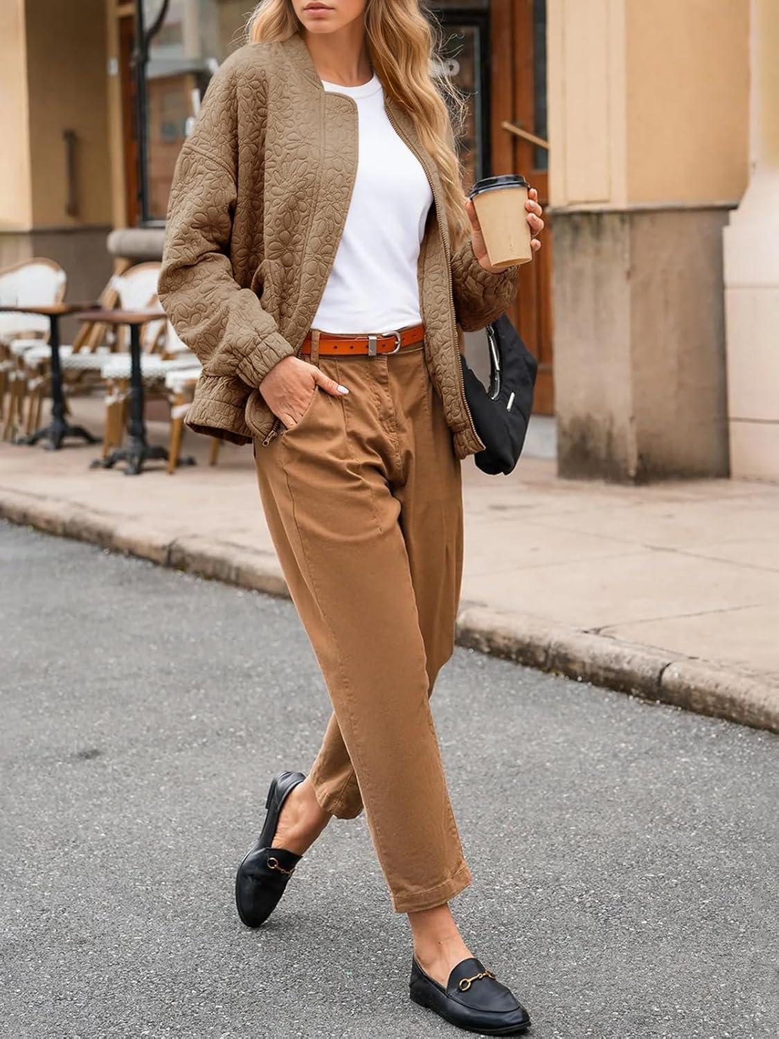 imageTankaneo Womens Bomber Jackets Lightweight Zip Up Fashion Cute Jacquard Coats Fall Varsity jacketDark Khaki