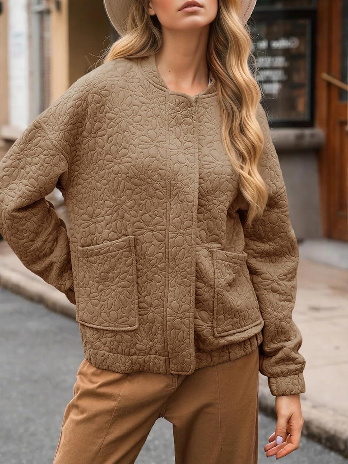 imageTankaneo Womens Bomber Jackets Lightweight Zip Up Fashion Cute Jacquard Coats Fall Varsity jacketDark Khaki