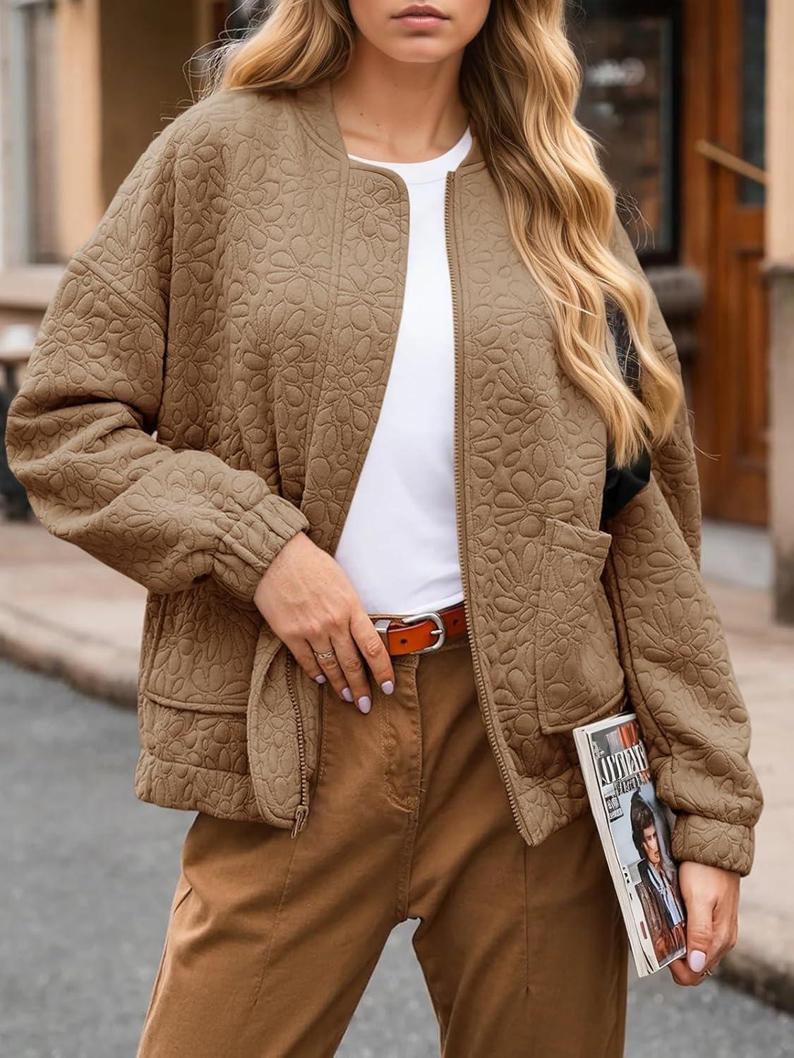 imageTankaneo Womens Bomber Jackets Lightweight Zip Up Fashion Cute Jacquard Coats Fall Varsity jacketDark Khaki