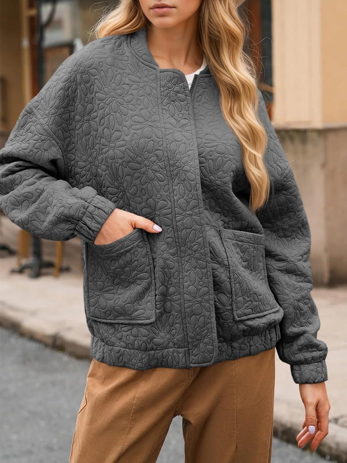 imageTankaneo Womens Bomber Jackets Lightweight Zip Up Fashion Cute Jacquard Coats Fall Varsity jacketGrey