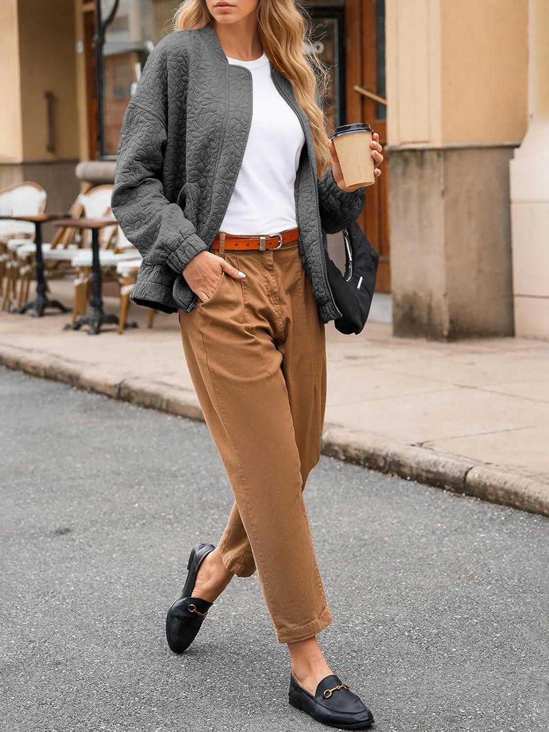 imageTankaneo Womens Bomber Jackets Lightweight Zip Up Fashion Cute Jacquard Coats Fall Varsity jacketGrey