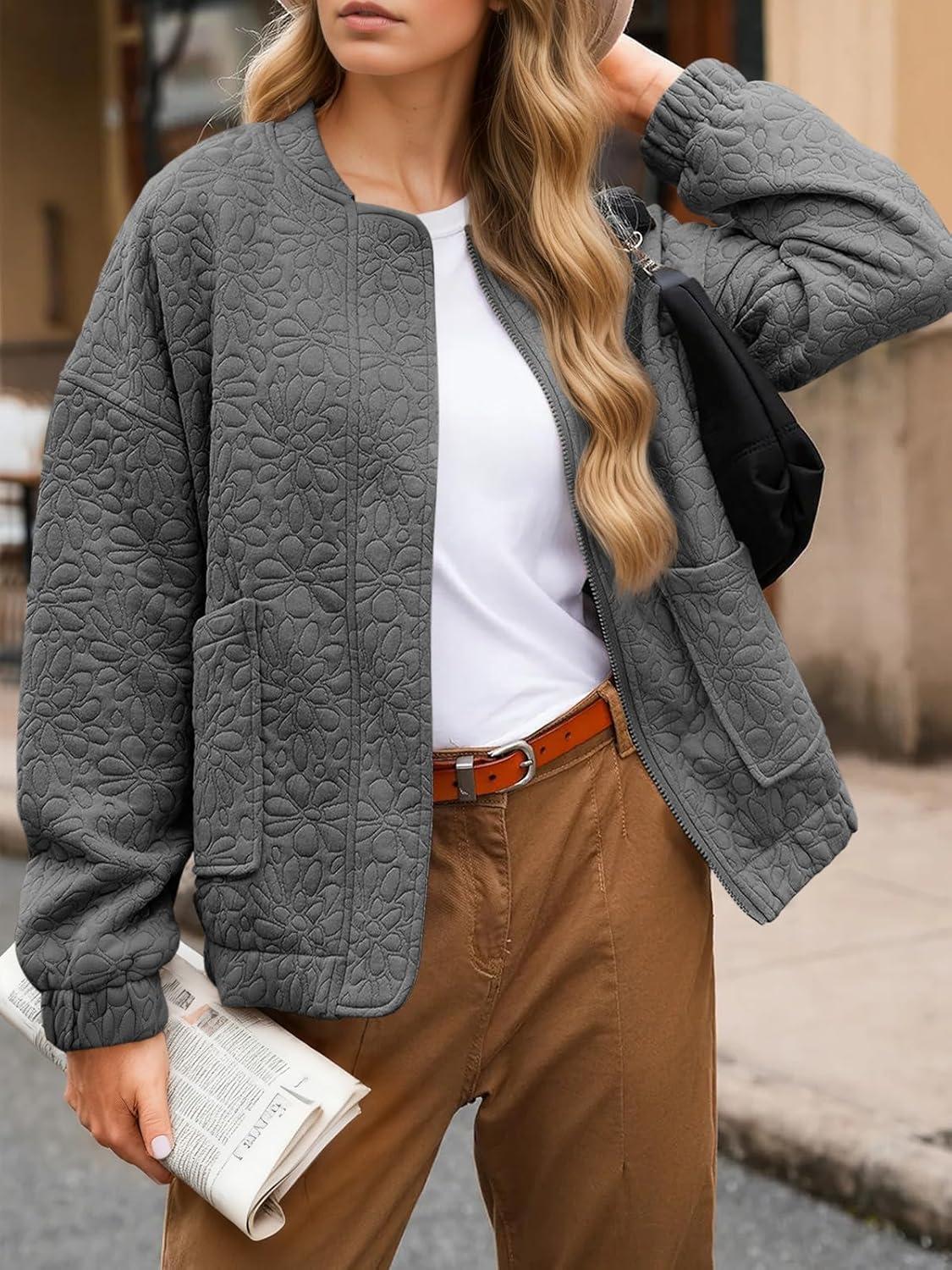 imageTankaneo Womens Bomber Jackets Lightweight Zip Up Fashion Cute Jacquard Coats Fall Varsity jacketGrey