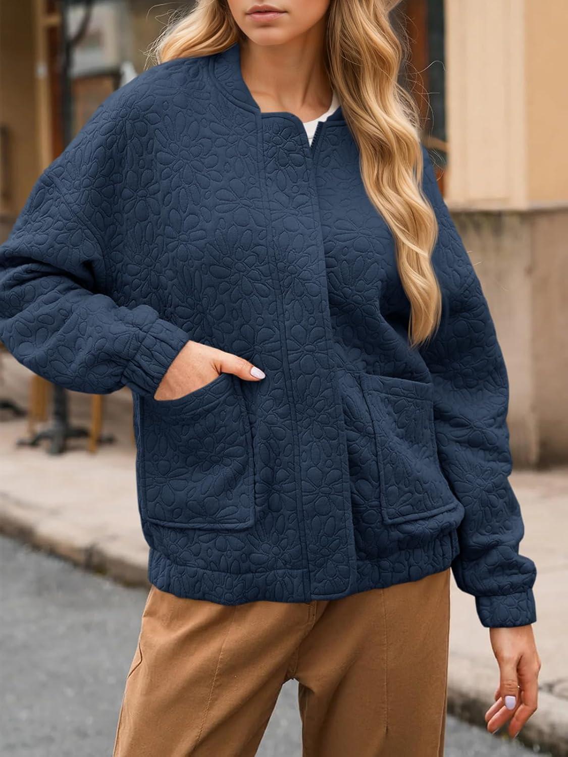 imageTankaneo Womens Bomber Jackets Lightweight Zip Up Fashion Cute Jacquard Coats Fall Varsity jacketNavy