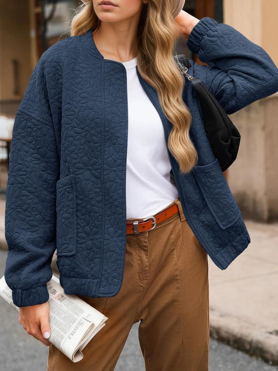 imageTankaneo Womens Bomber Jackets Lightweight Zip Up Fashion Cute Jacquard Coats Fall Varsity jacketNavy