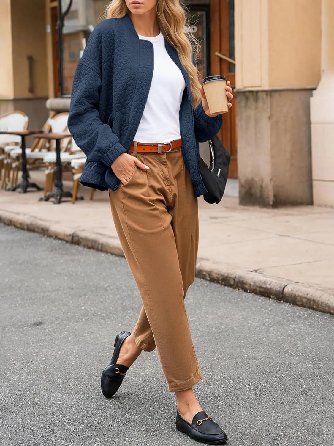 imageTankaneo Womens Bomber Jackets Lightweight Zip Up Fashion Cute Jacquard Coats Fall Varsity jacketNavy