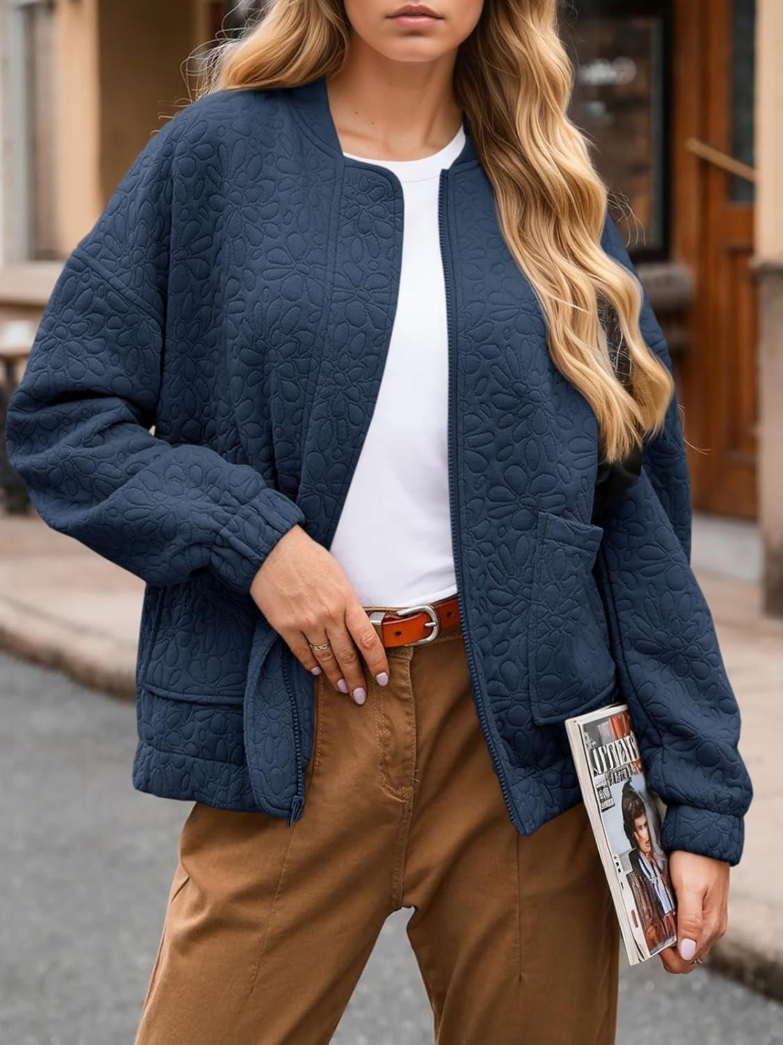 imageTankaneo Womens Bomber Jackets Lightweight Zip Up Fashion Cute Jacquard Coats Fall Varsity jacketNavy