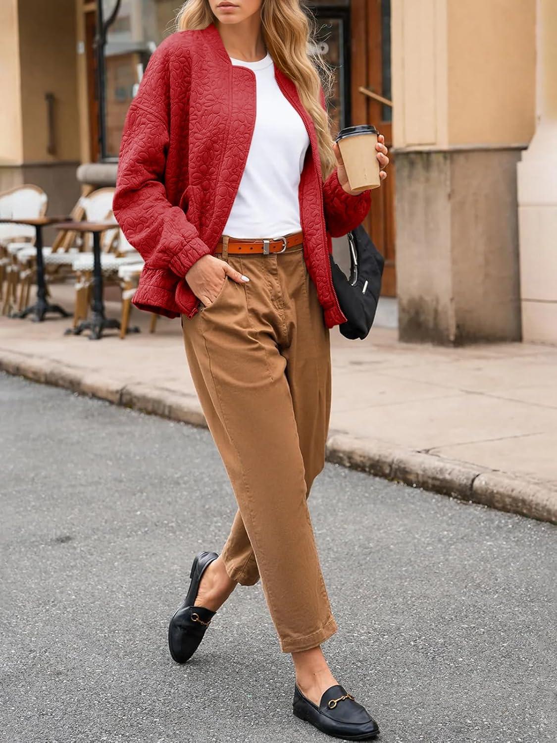 imageTankaneo Womens Bomber Jackets Lightweight Zip Up Fashion Cute Jacquard Coats Fall Varsity jacketRed